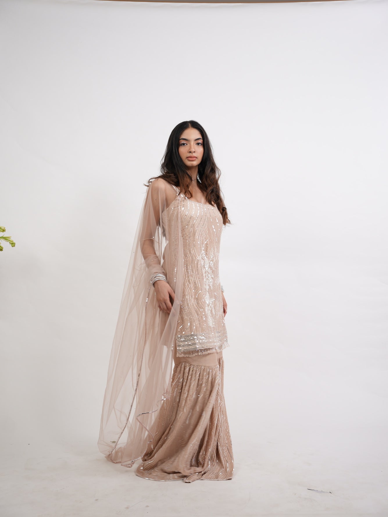 Nude Beige Sequin Embroidered Kurta Set