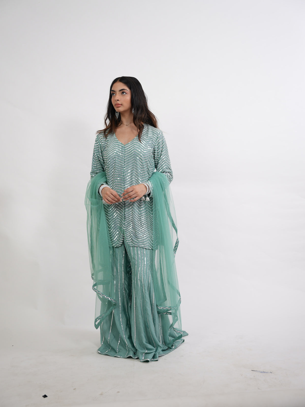 Seafoam Green Chevron Sequin Kurta Set