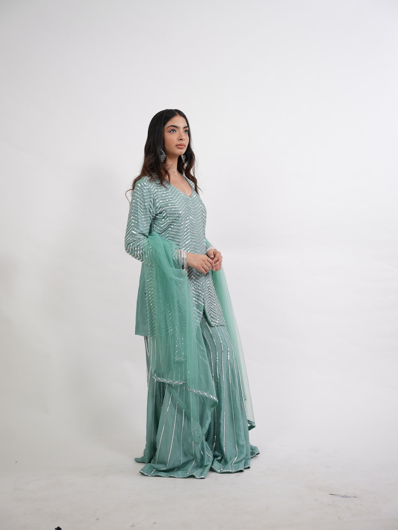 Seafoam Green Chevron Sequin Kurta Set