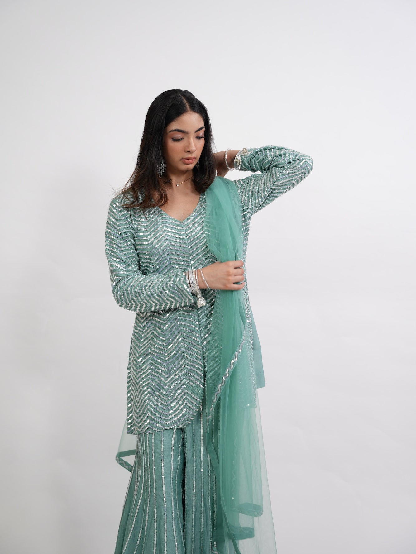 Seafoam Green Chevron Sequin Kurta Set