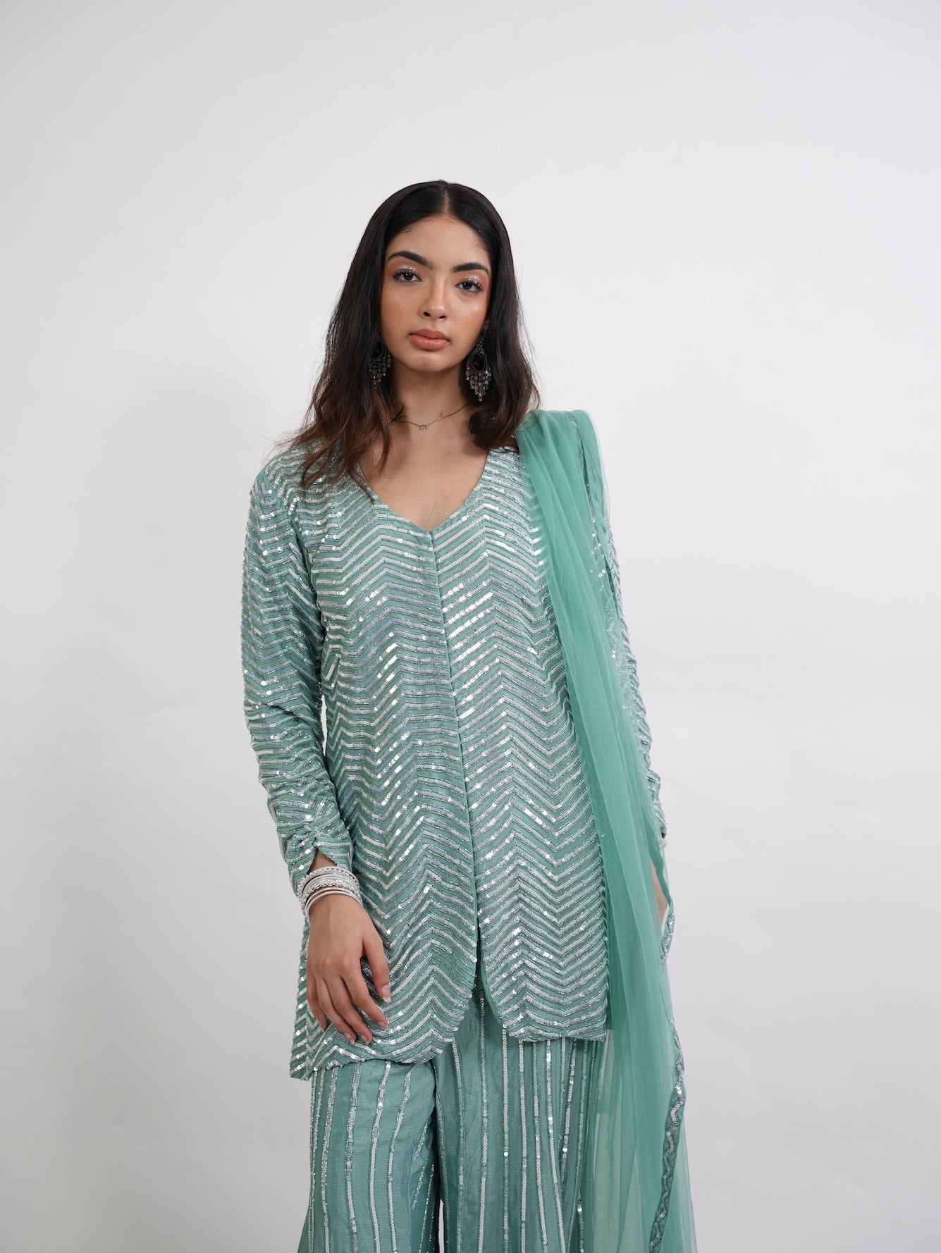 Seafoam Green Chevron Sequin Kurta Set