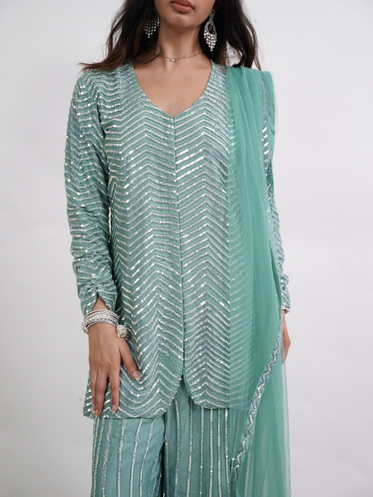 Seafoam Green Chevron Sequin Kurta Set