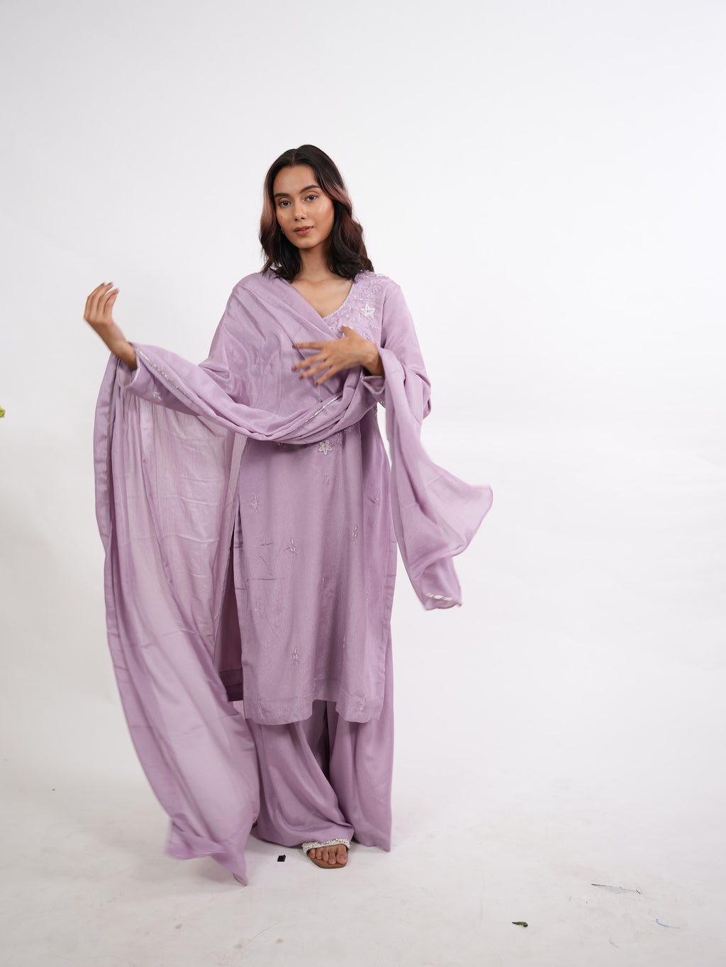 Lavender Floral Embroidered Silk Kurta Set