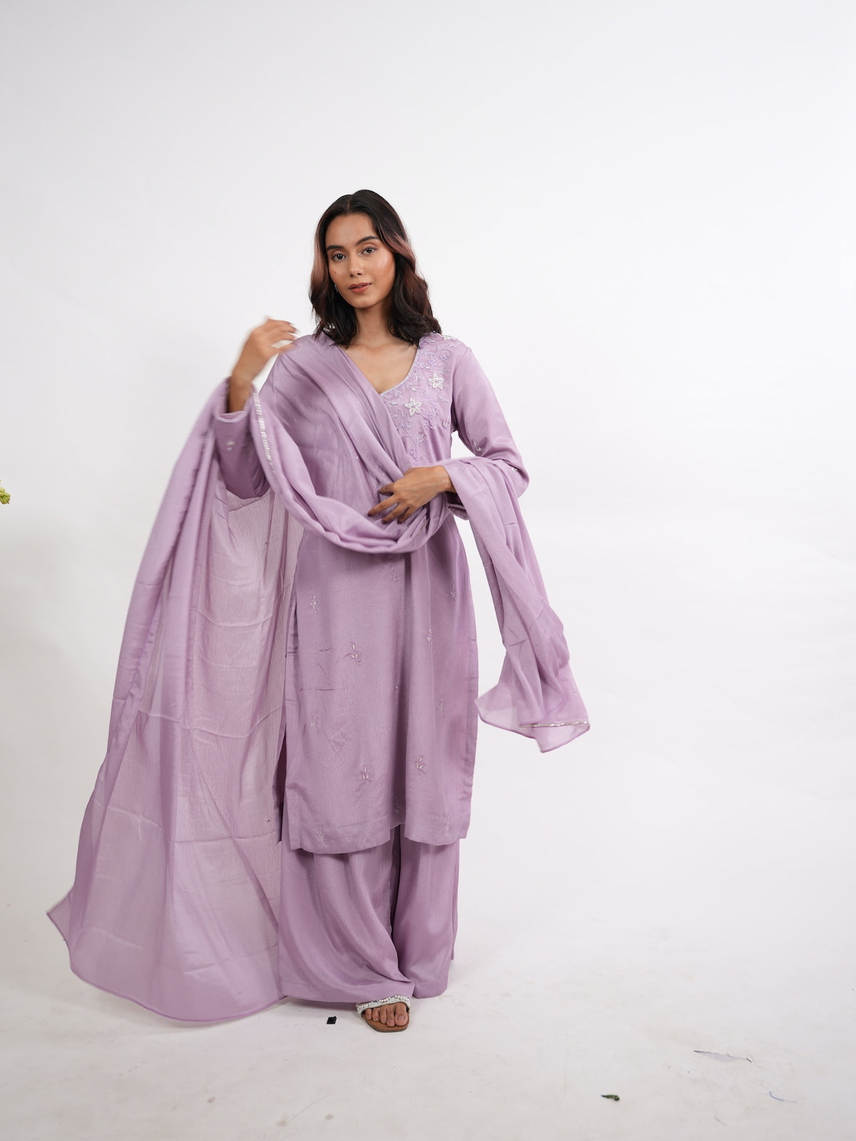 Lavender Floral Embroidered Silk Kurta Set