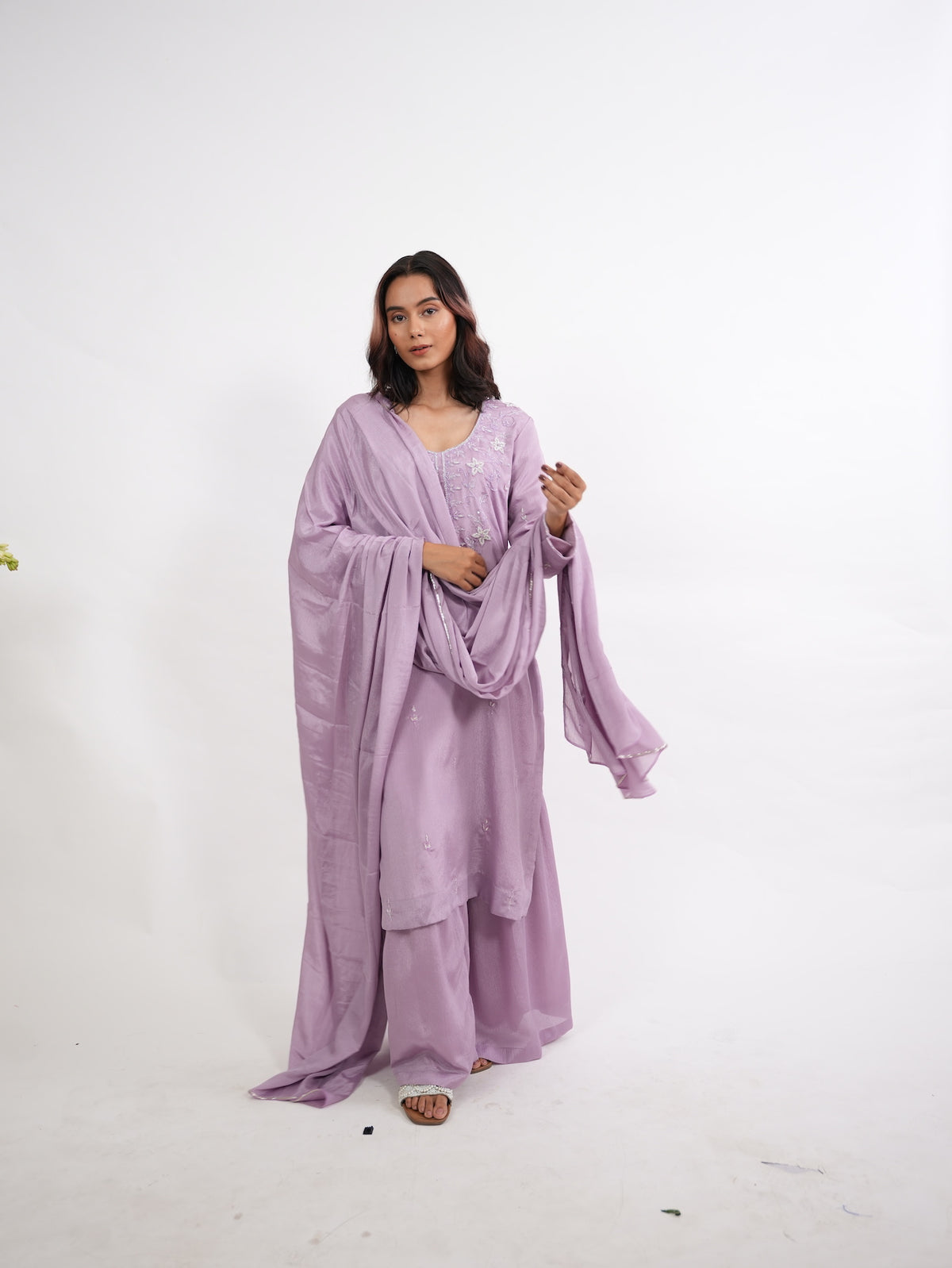 Lavender Floral Embroidered Silk Kurta Set