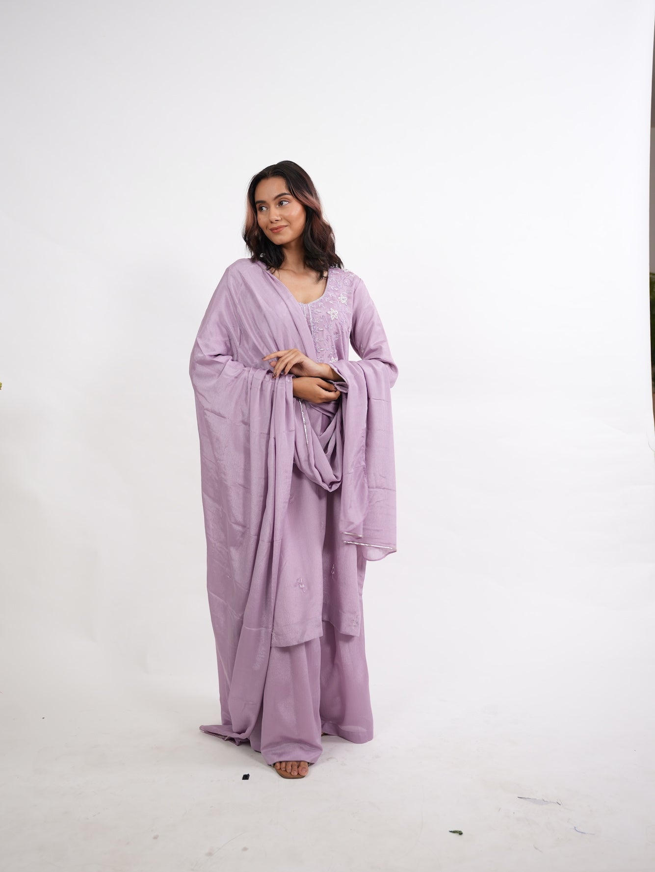 Lavender Floral Embroidered Silk Kurta Set