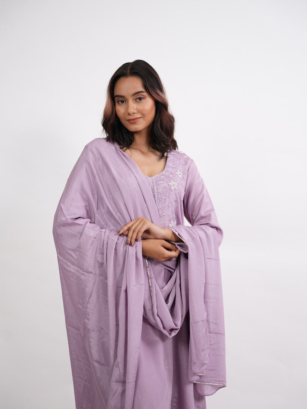 Lavender Floral Embroidered Silk Kurta Set