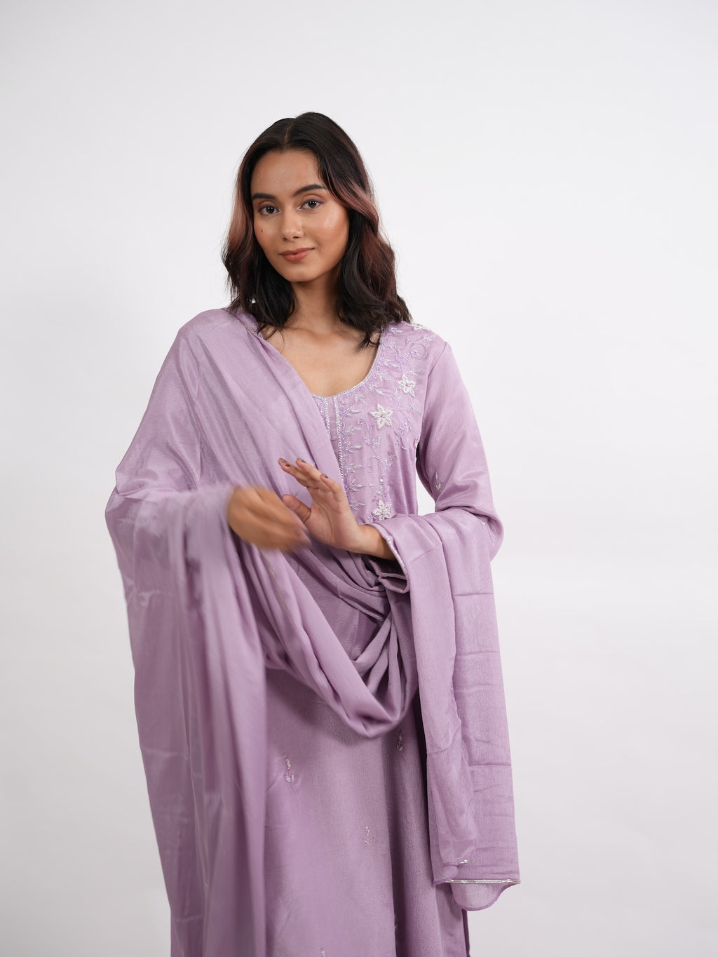 Lavender Floral Embroidered Silk Kurta Set
