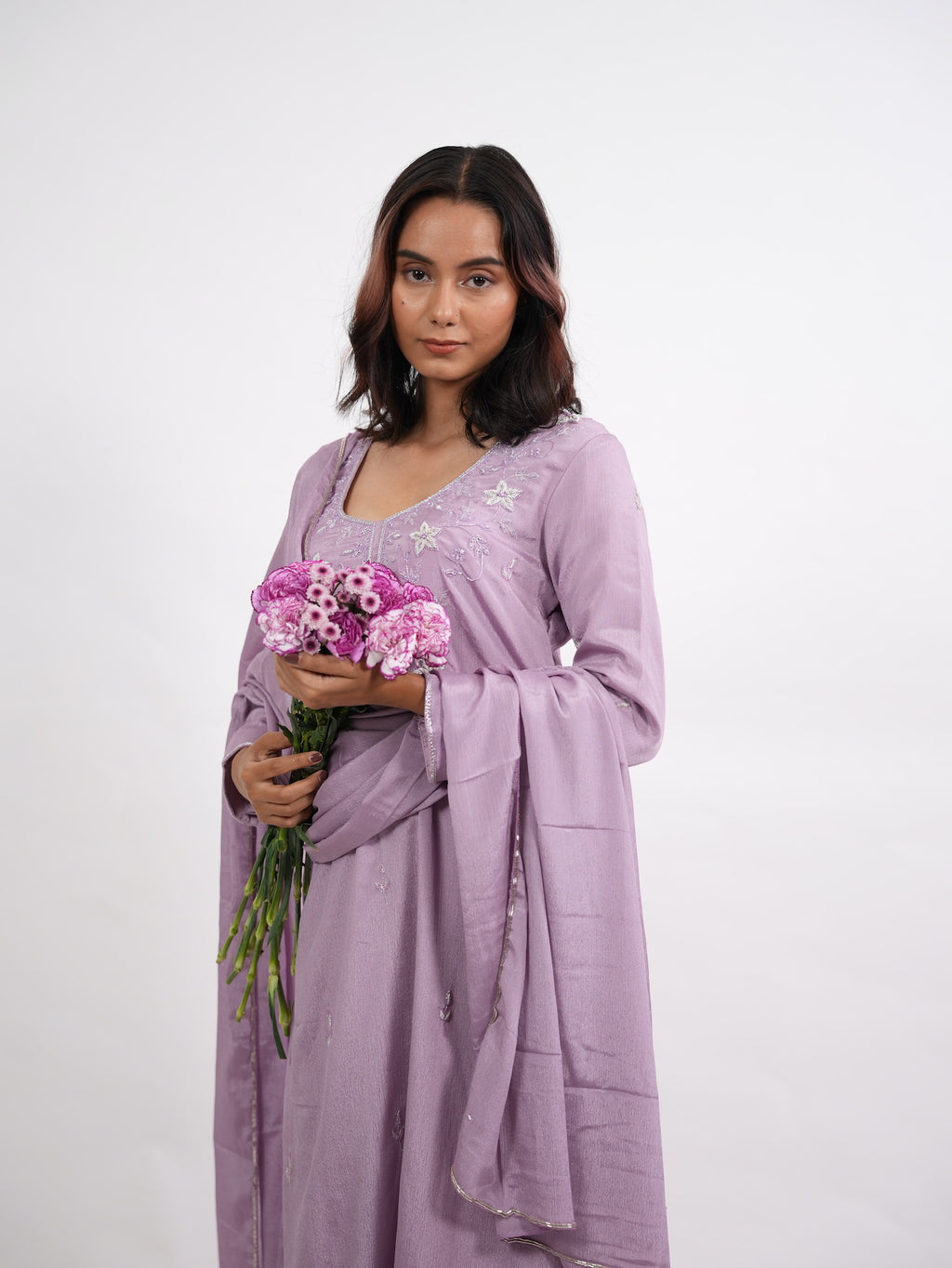 Lavender Floral Embroidered Silk Kurta Set