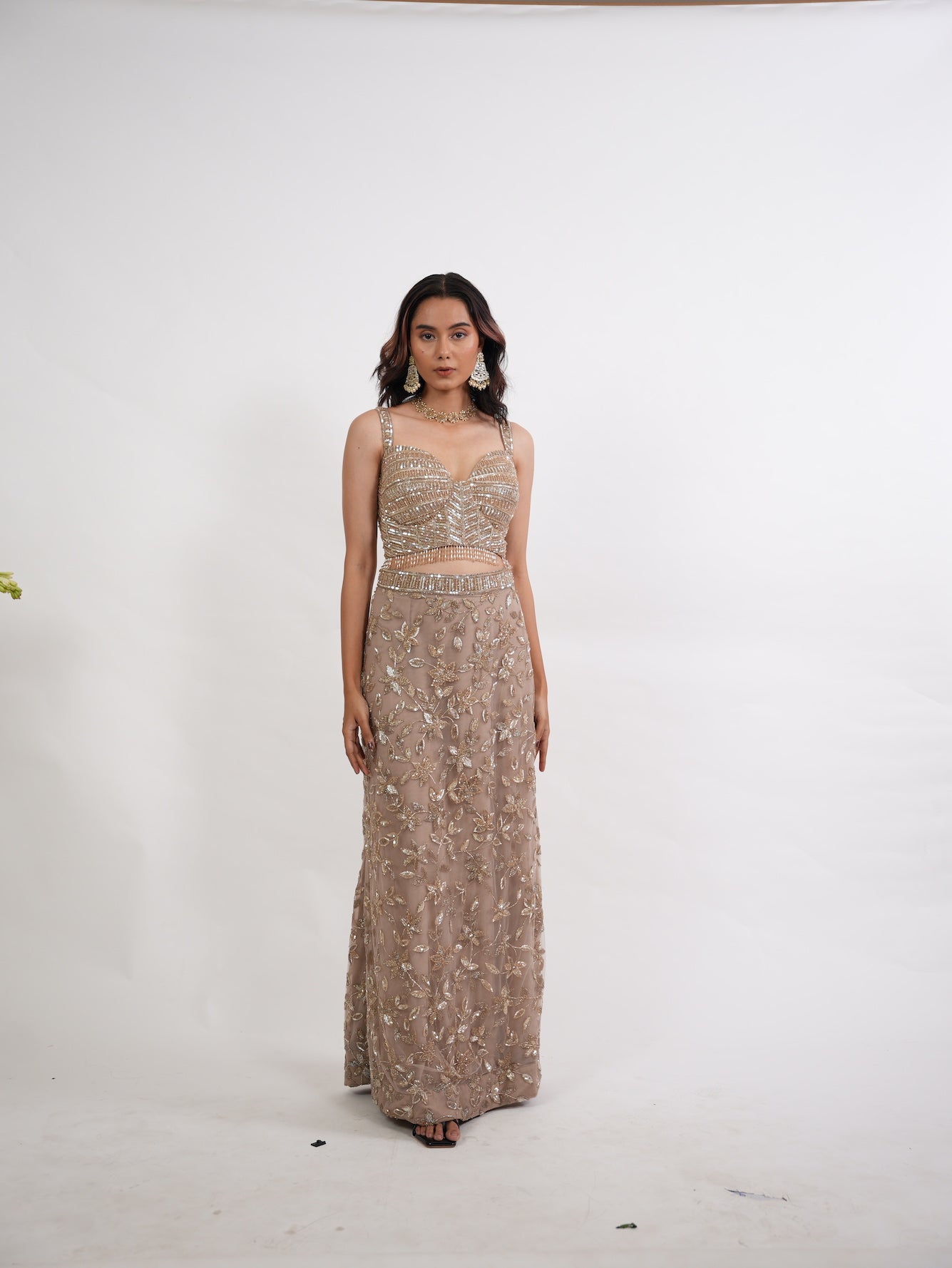 Taupe Sequin Floral Crop Top Set