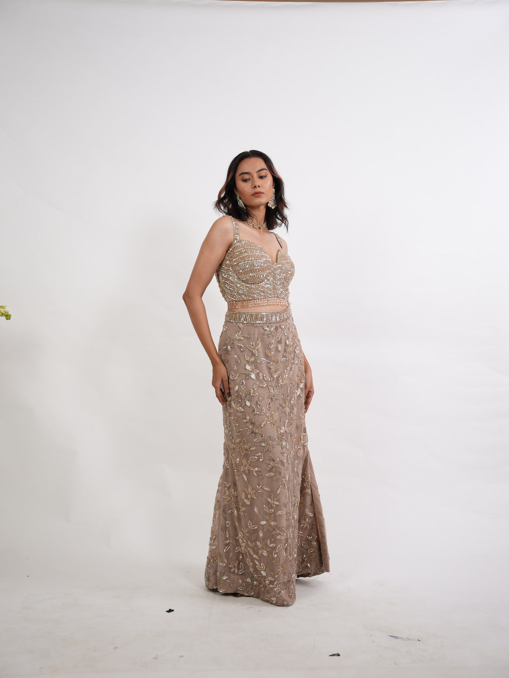 Taupe Sequin Floral Crop Top Set