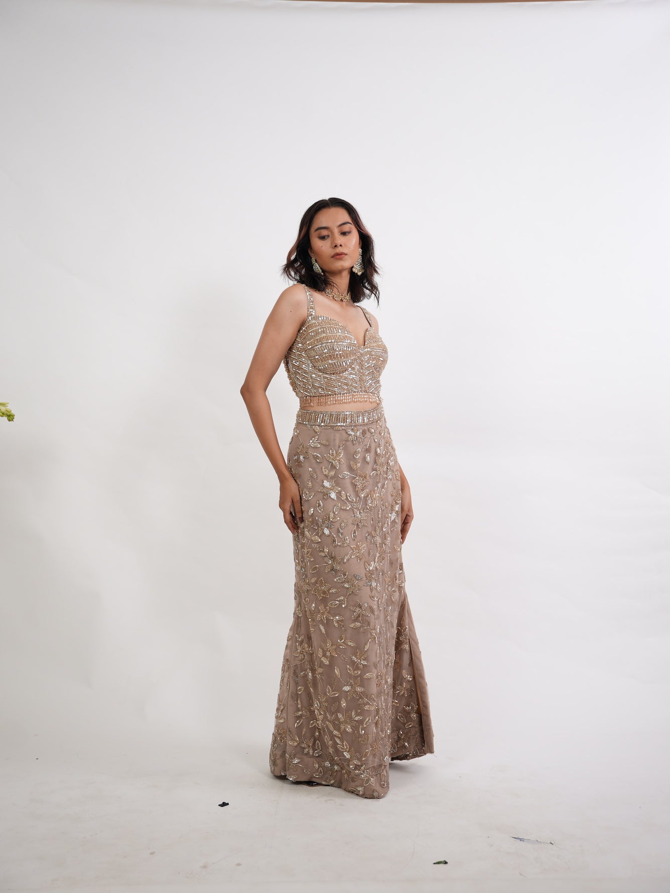 Taupe Sequin Floral Crop Top Set