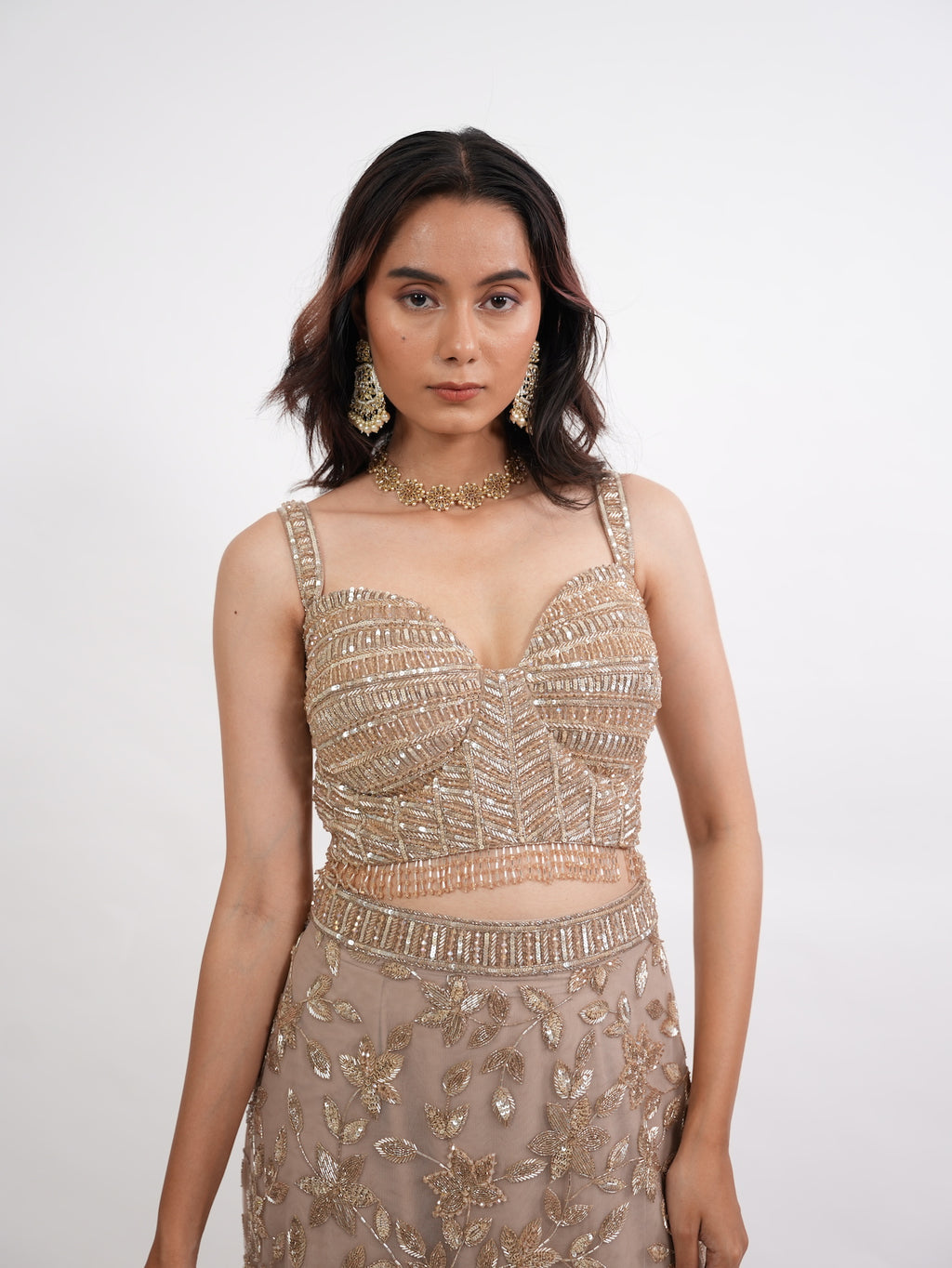 Taupe Sequin Floral Crop Top Set