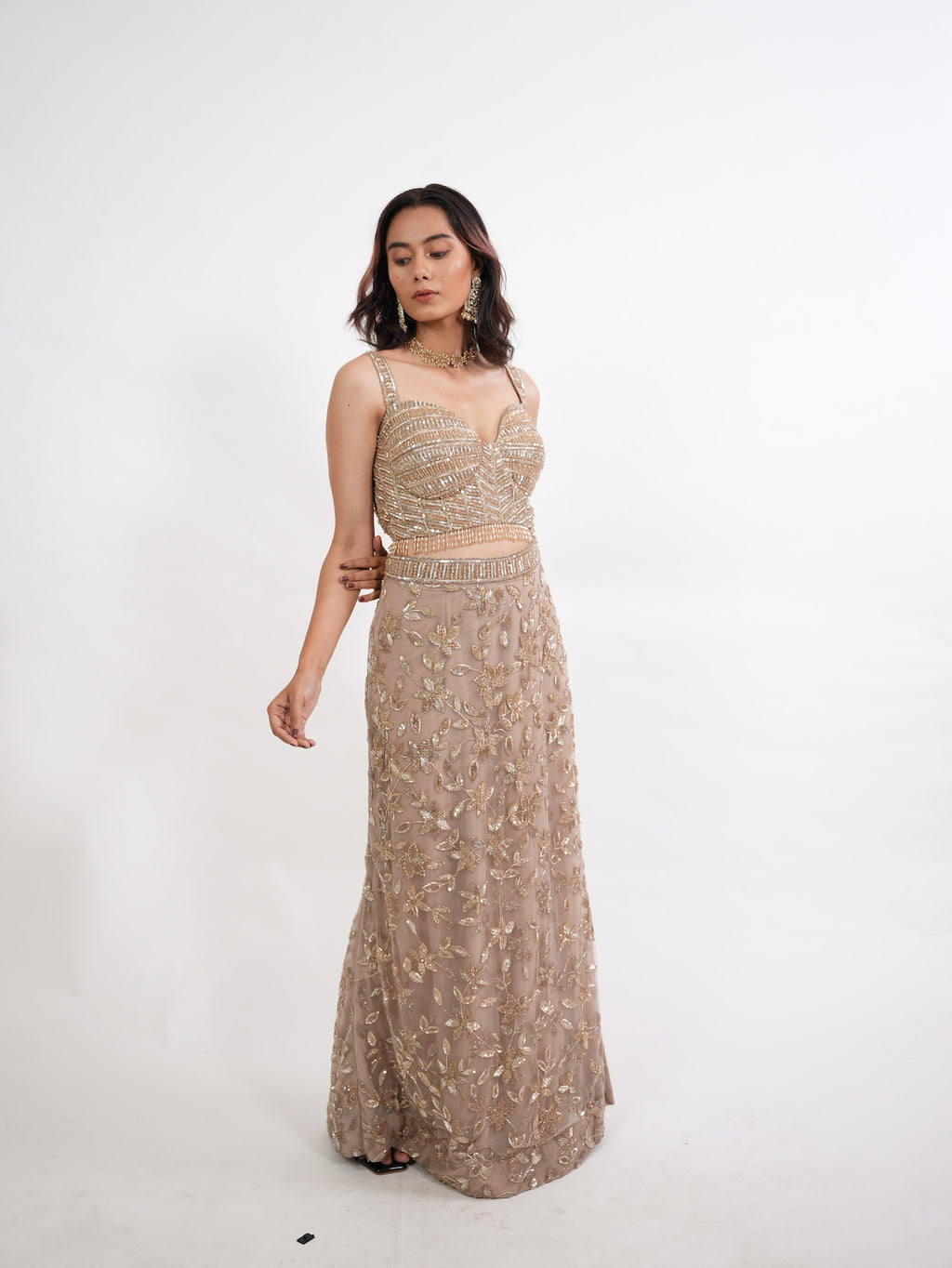 Taupe Sequin Floral Crop Top Set