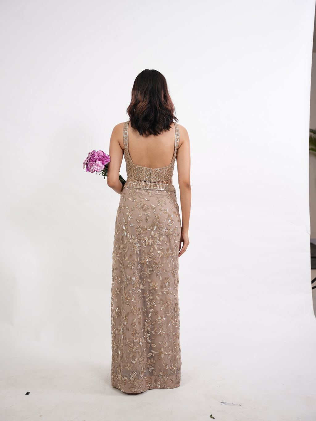 Taupe Sequin Floral Crop Top Set