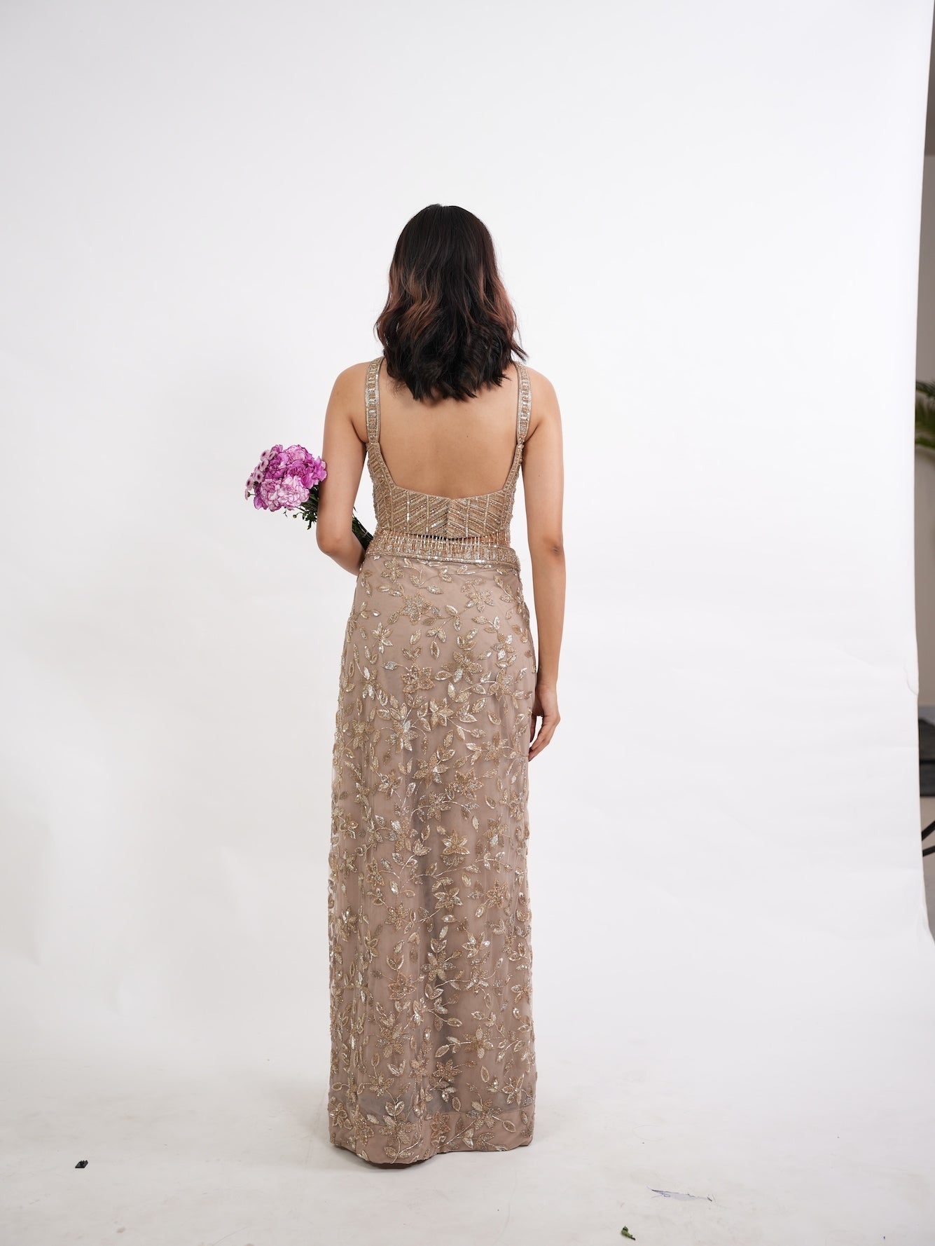Taupe Sequin Floral Crop Top Set