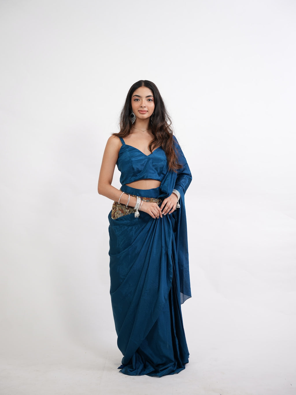 Peacock Blue Pre-Draped Belted Saree Set