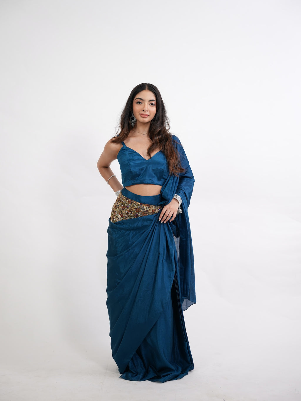Peacock Blue Pre-Draped Belted Saree Set