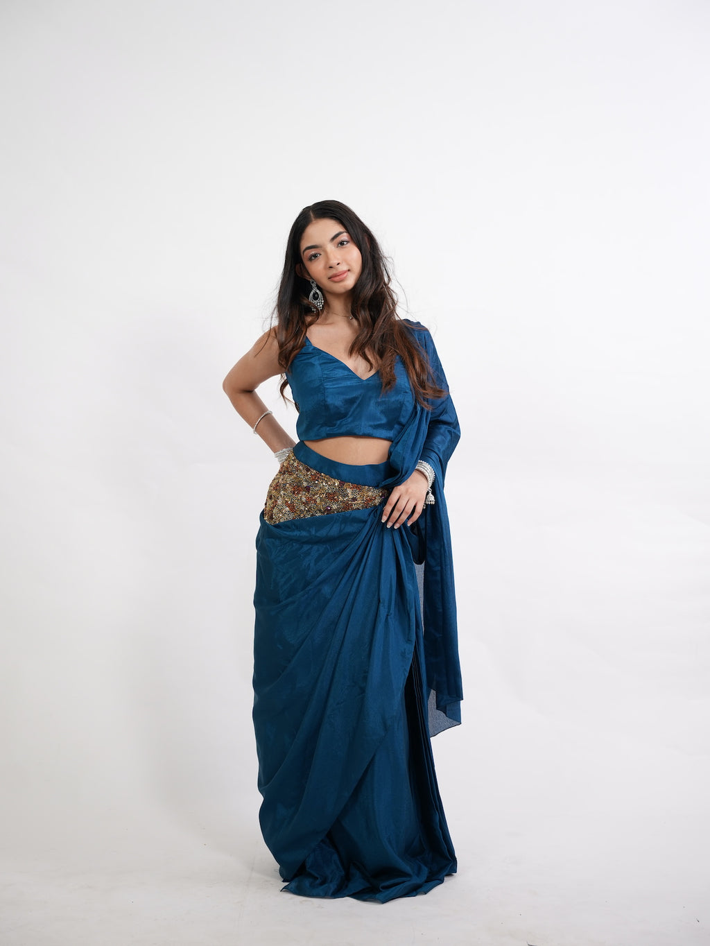 Peacock Blue Pre-Draped Belted Saree Set
