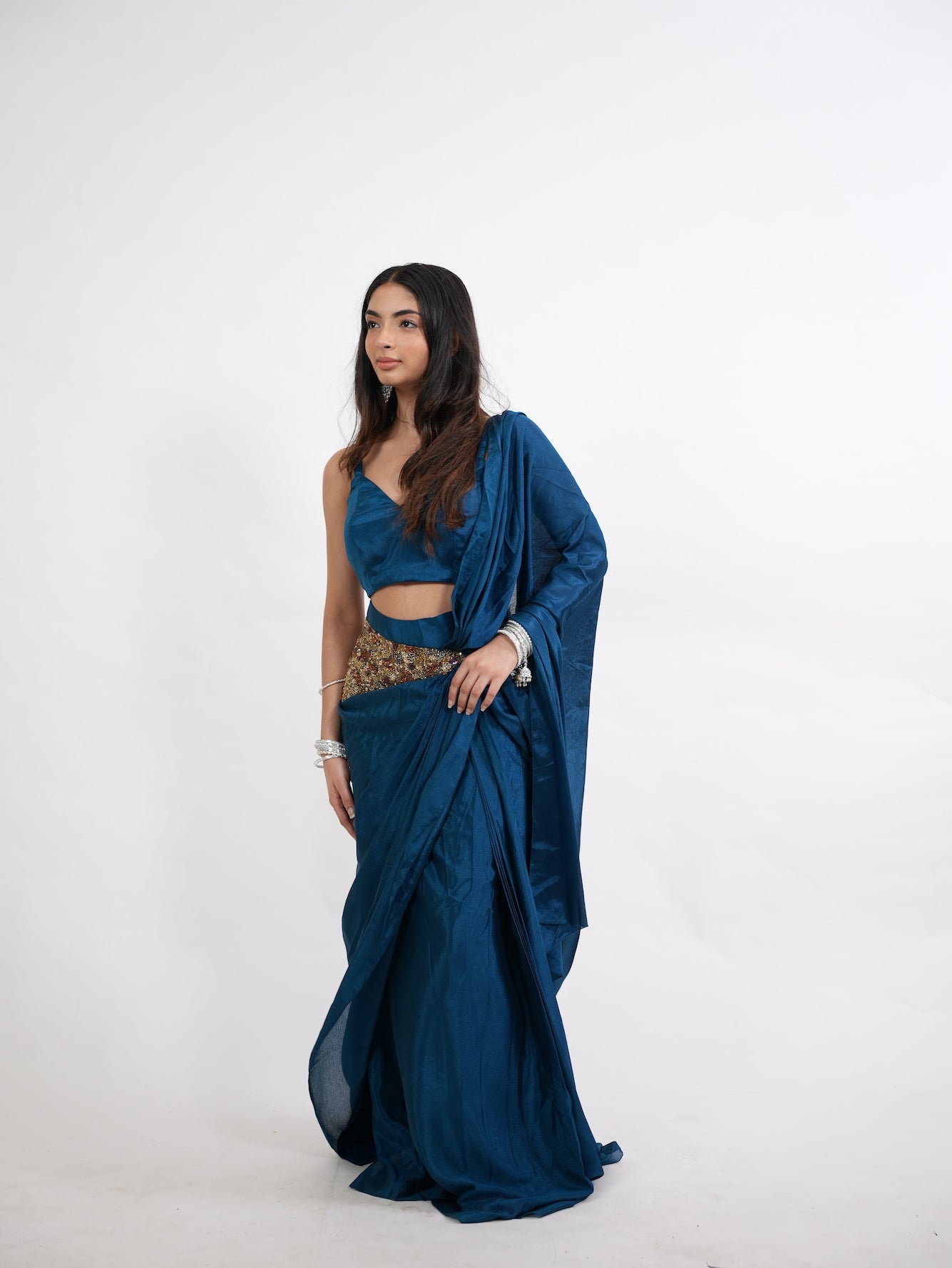 Peacock Blue Pre-Draped Belted Saree Set
