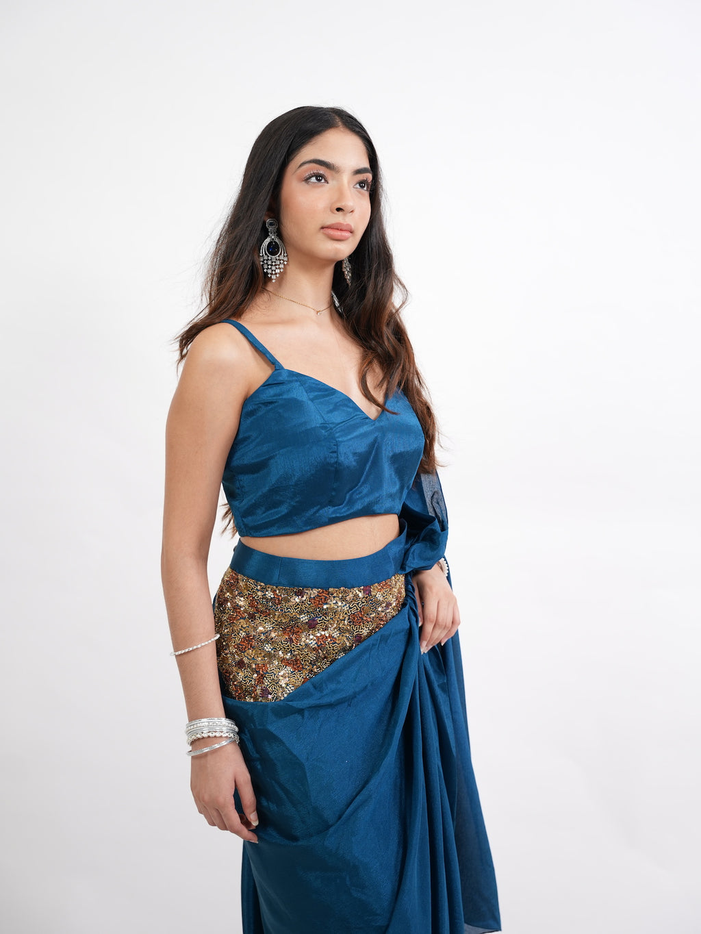 Peacock Blue Pre-Draped Belted Saree Set