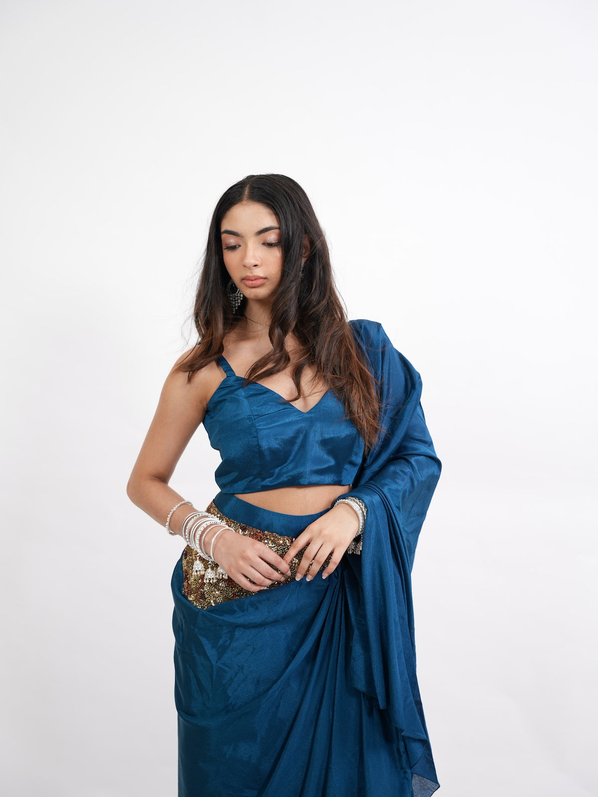 Peacock Blue Pre-Draped Belted Saree Set