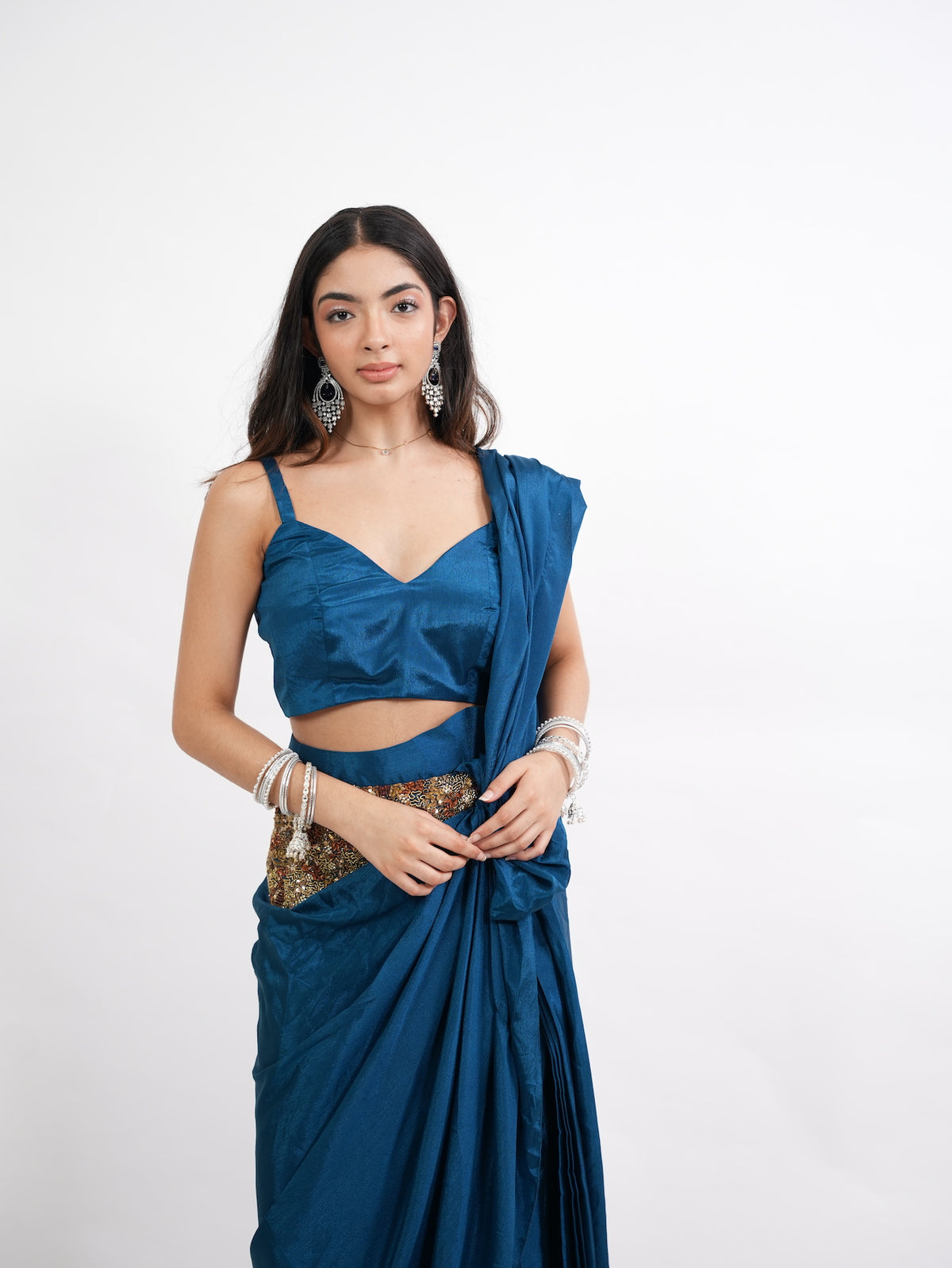 Peacock Blue Pre-Draped Belted Saree Set