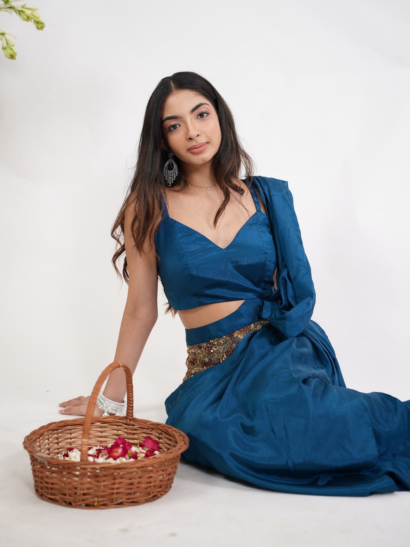 Peacock Blue Pre-Draped Belted Saree Set