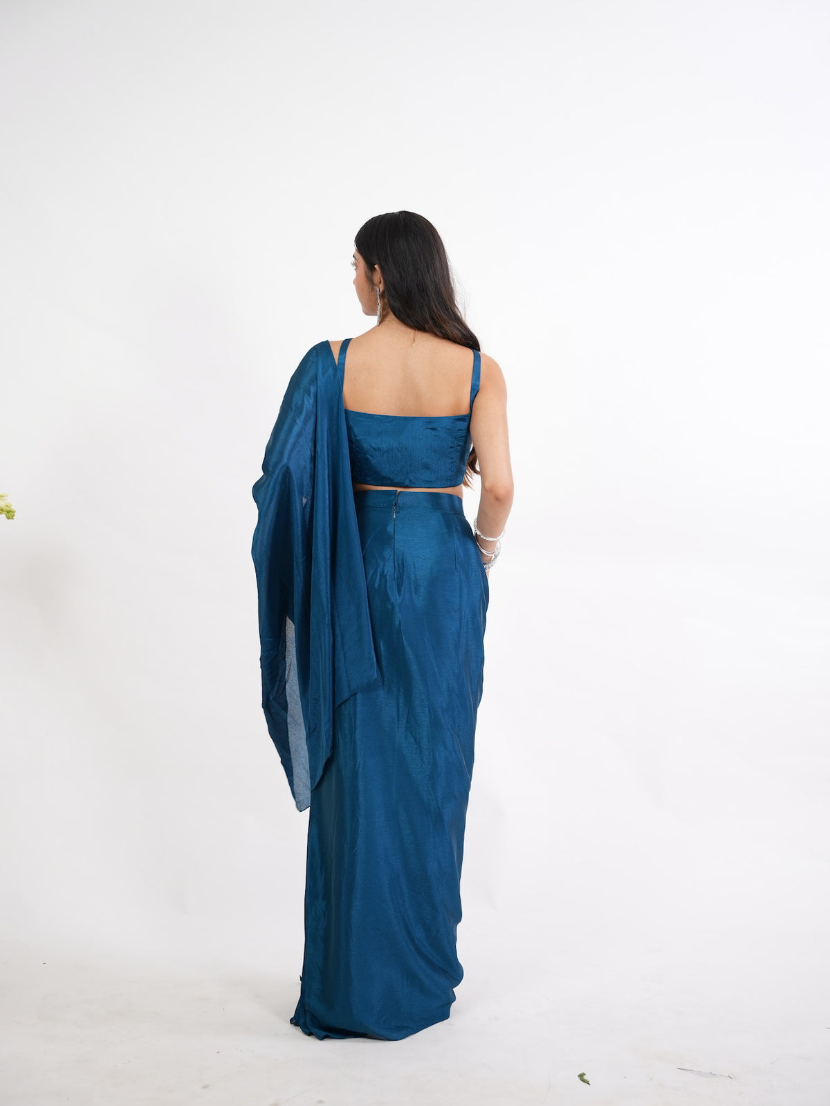 Peacock Blue Pre-Draped Belted Saree Set
