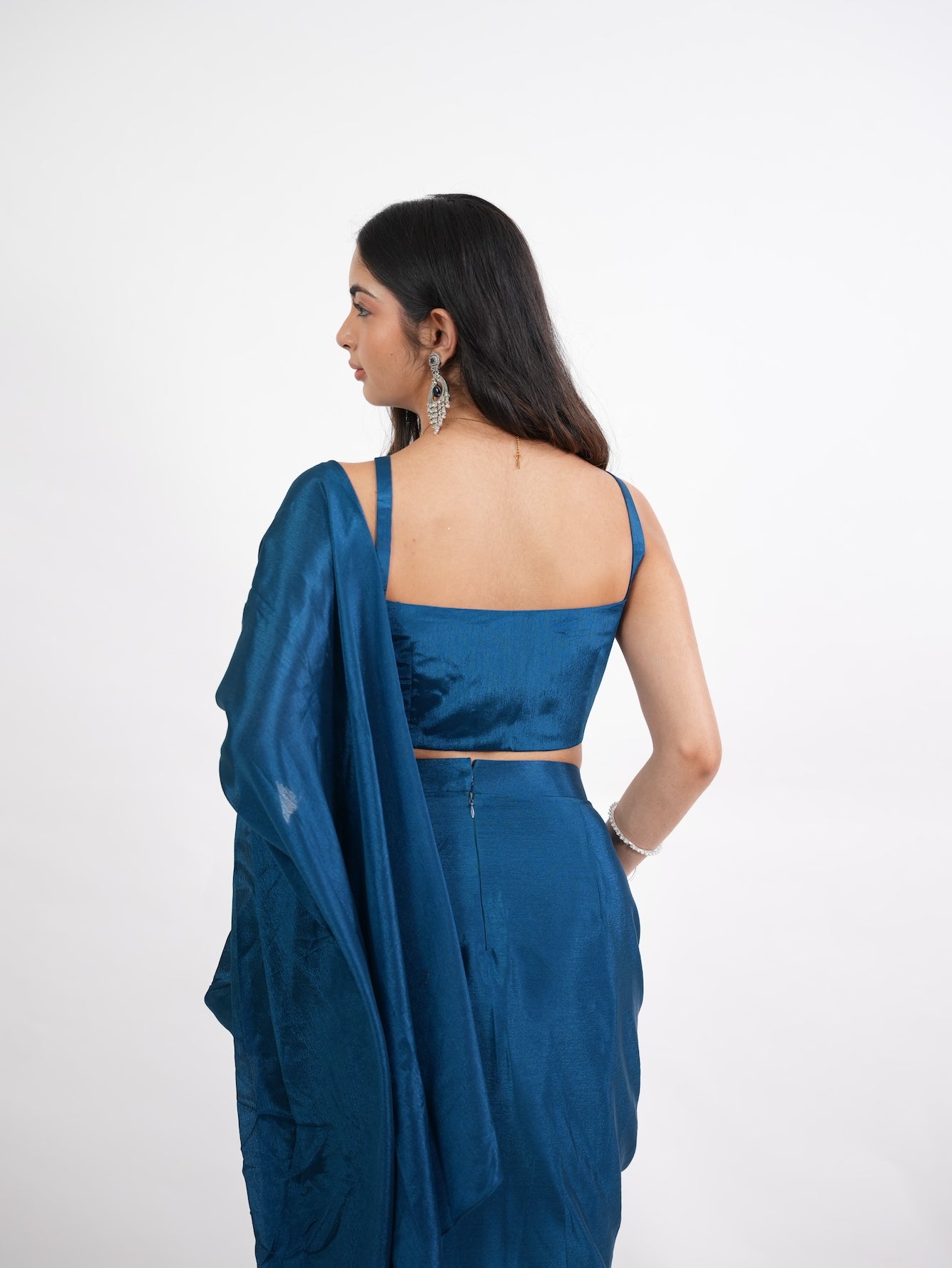 Peacock Blue Pre-Draped Belted Saree Set