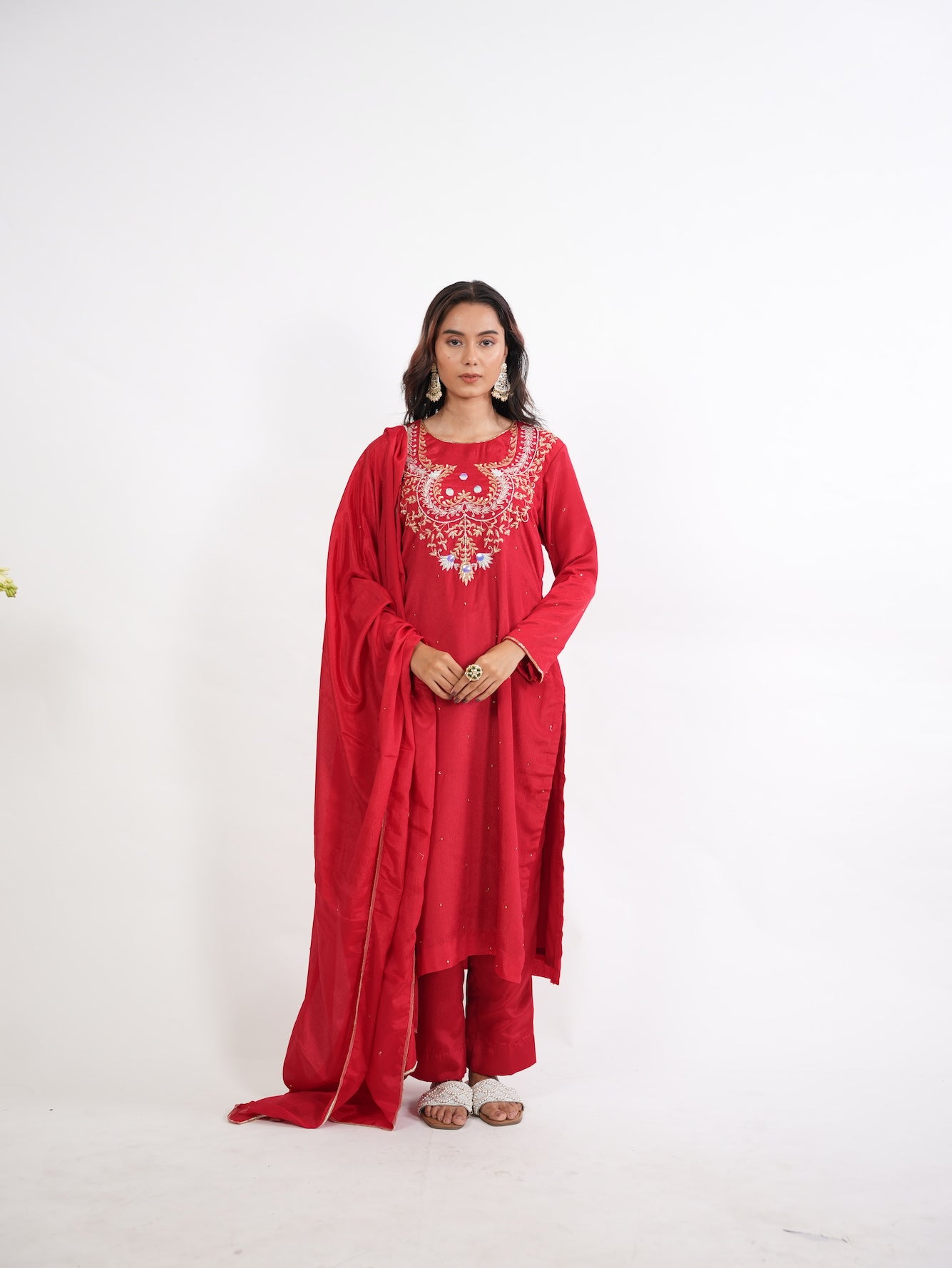 Crimson Red Zardozi Embroidered Silk Kurta Set