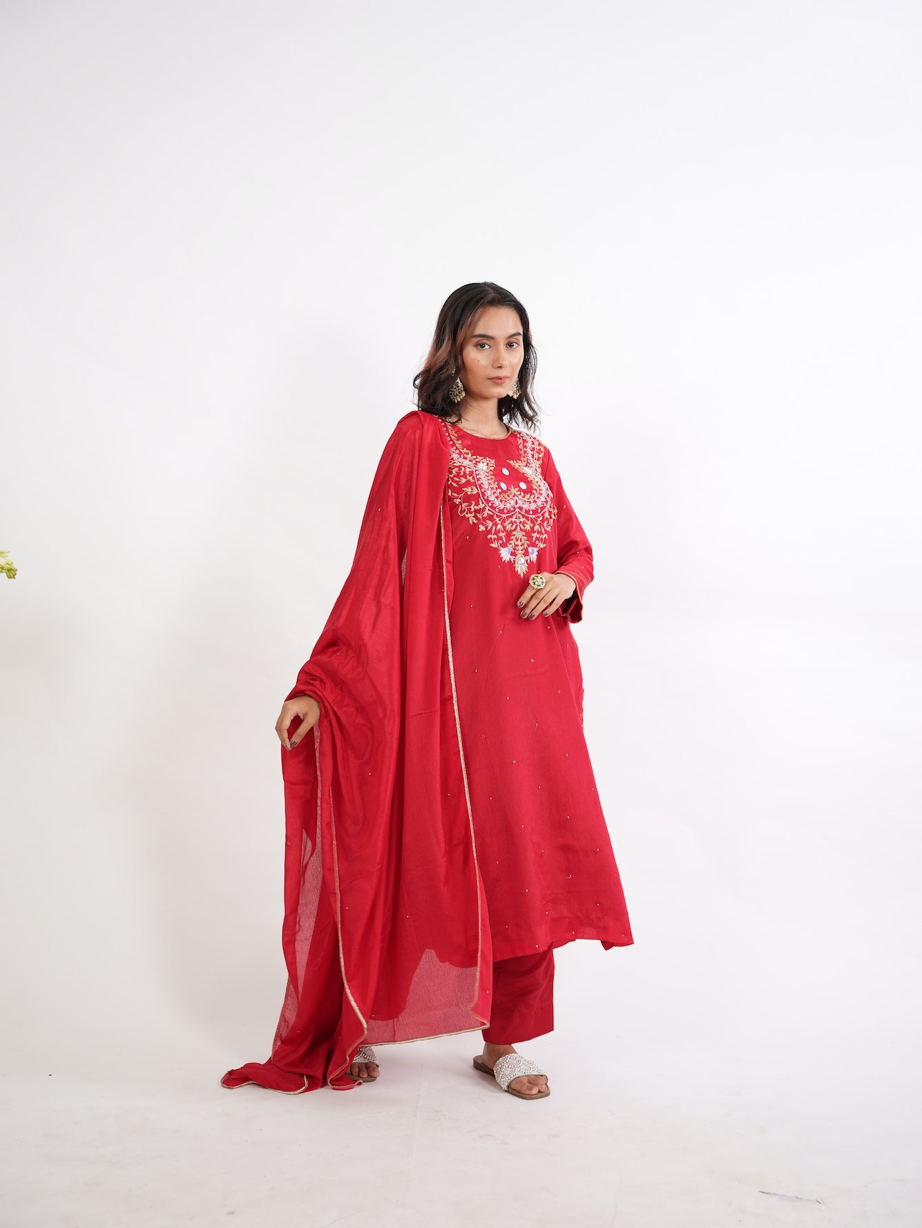 Crimson Red Zardozi Embroidered Silk Kurta Set