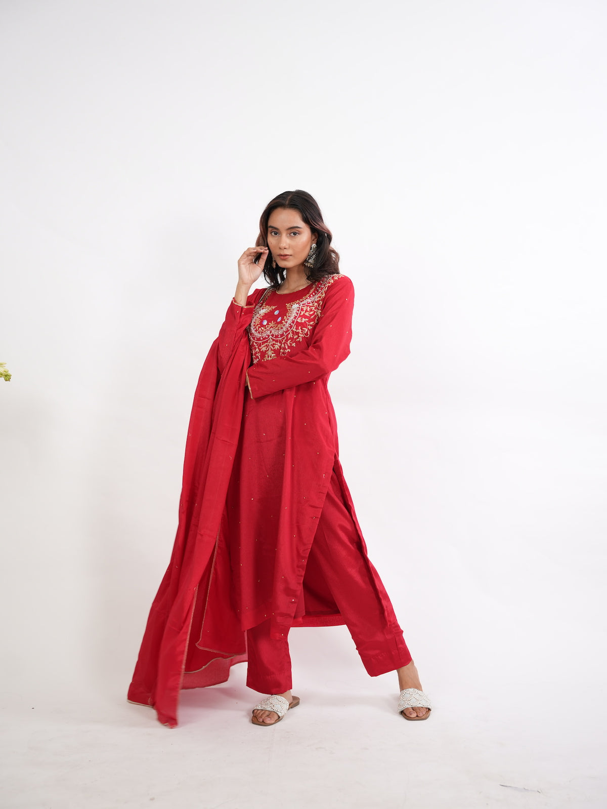 Crimson Red Zardozi Embroidered Silk Kurta Set