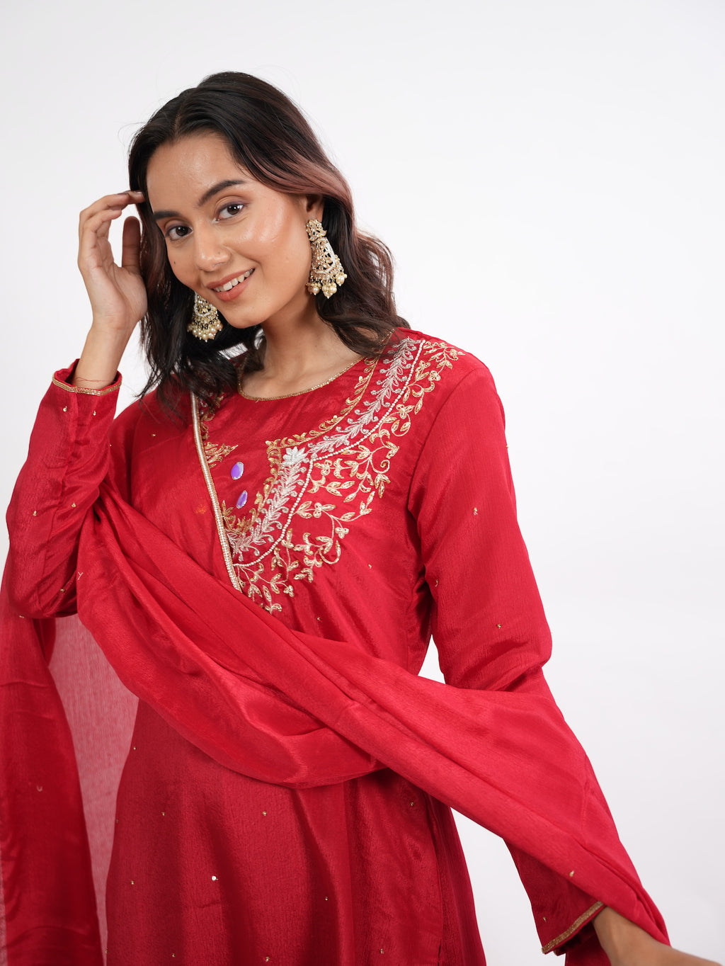 Crimson Red Zardozi Embroidered Silk Kurta Set