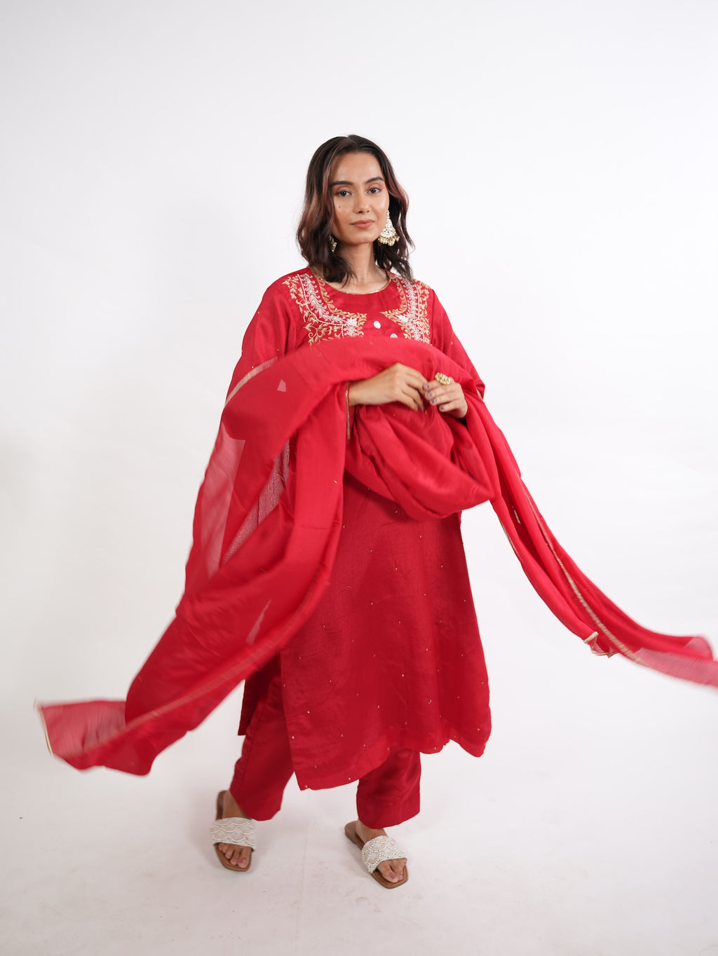 Crimson Red Zardozi Embroidered Silk Kurta Set