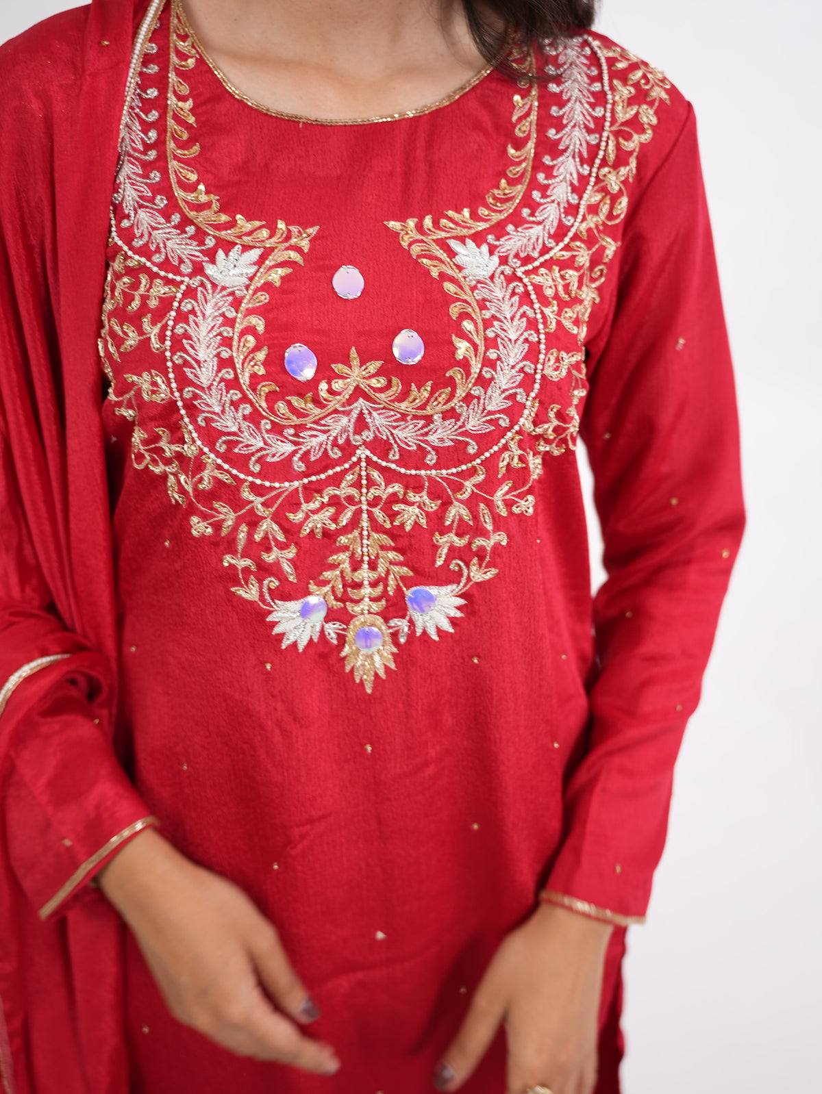 Crimson Red Zardozi Embroidered Silk Kurta Set