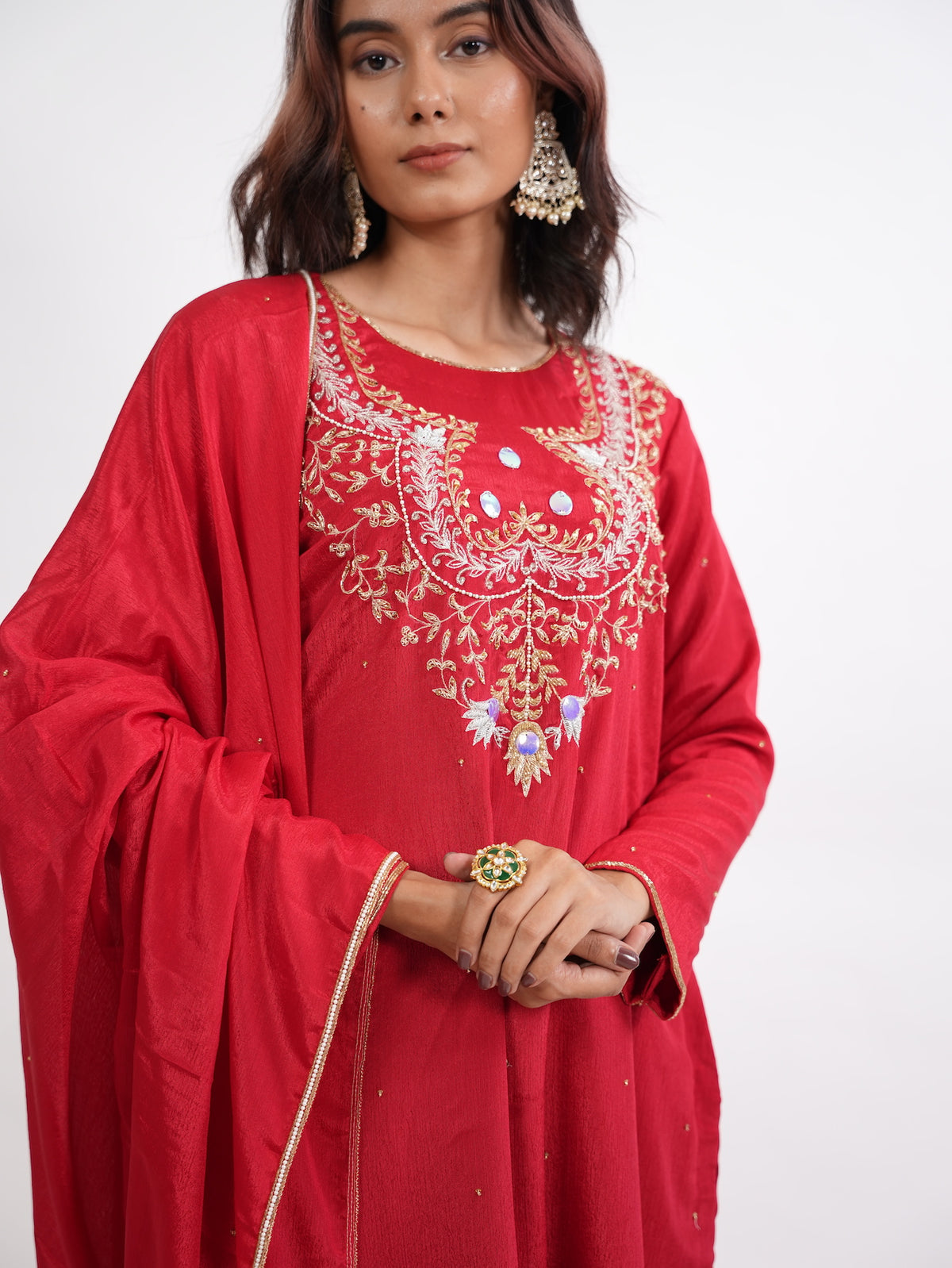 Crimson Red Zardozi Embroidered Silk Kurta Set