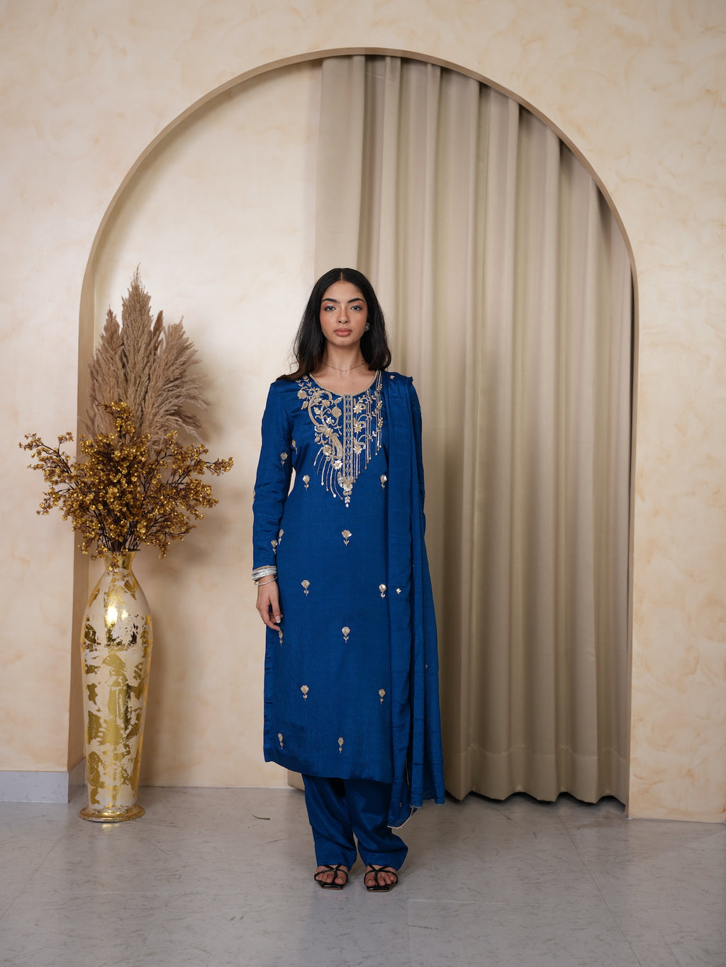 Royal Blue Zari & Sequin Embroidered Silk Suit Set