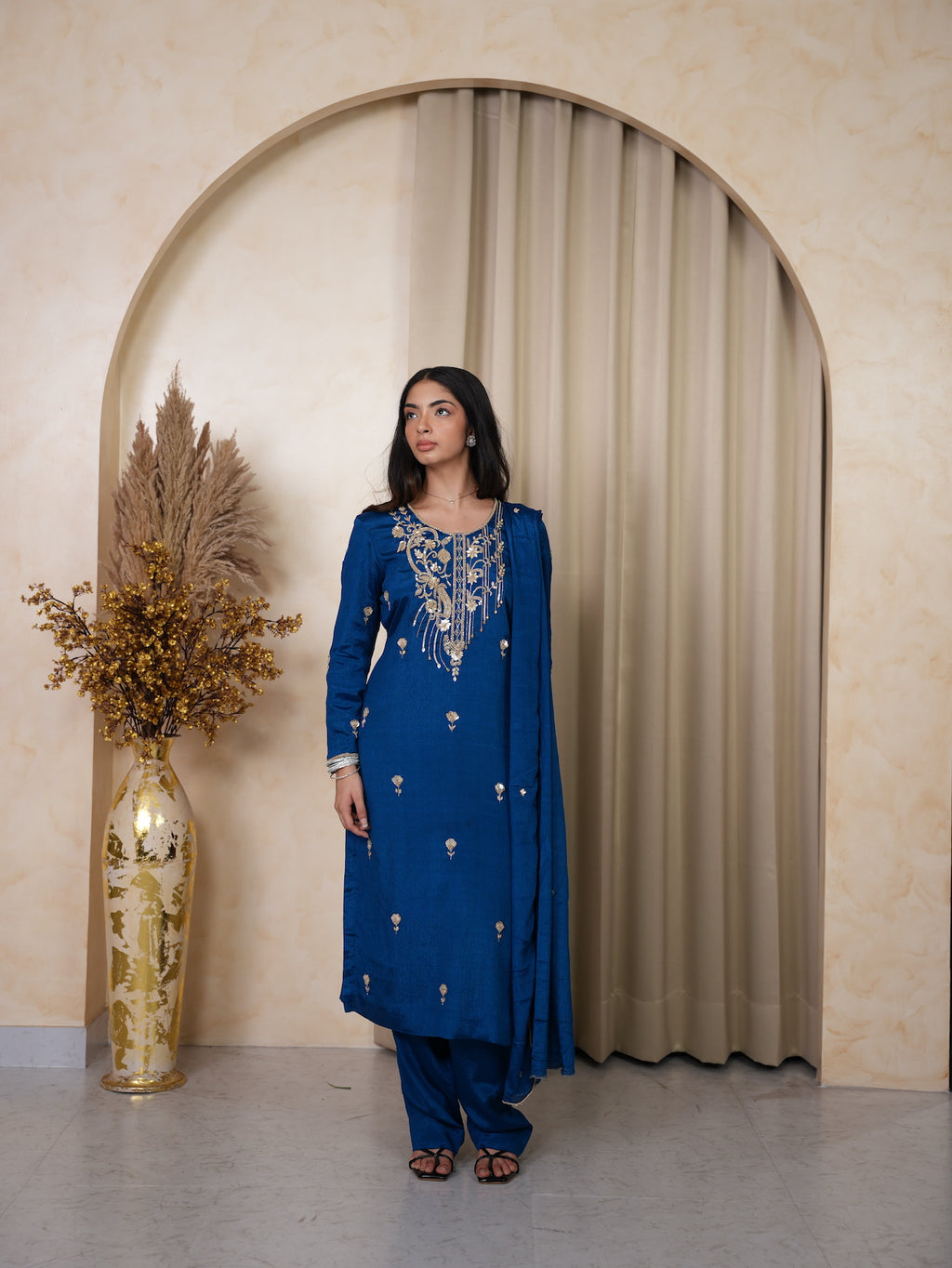 Royal Blue Zari & Sequin Embroidered Silk Suit Set