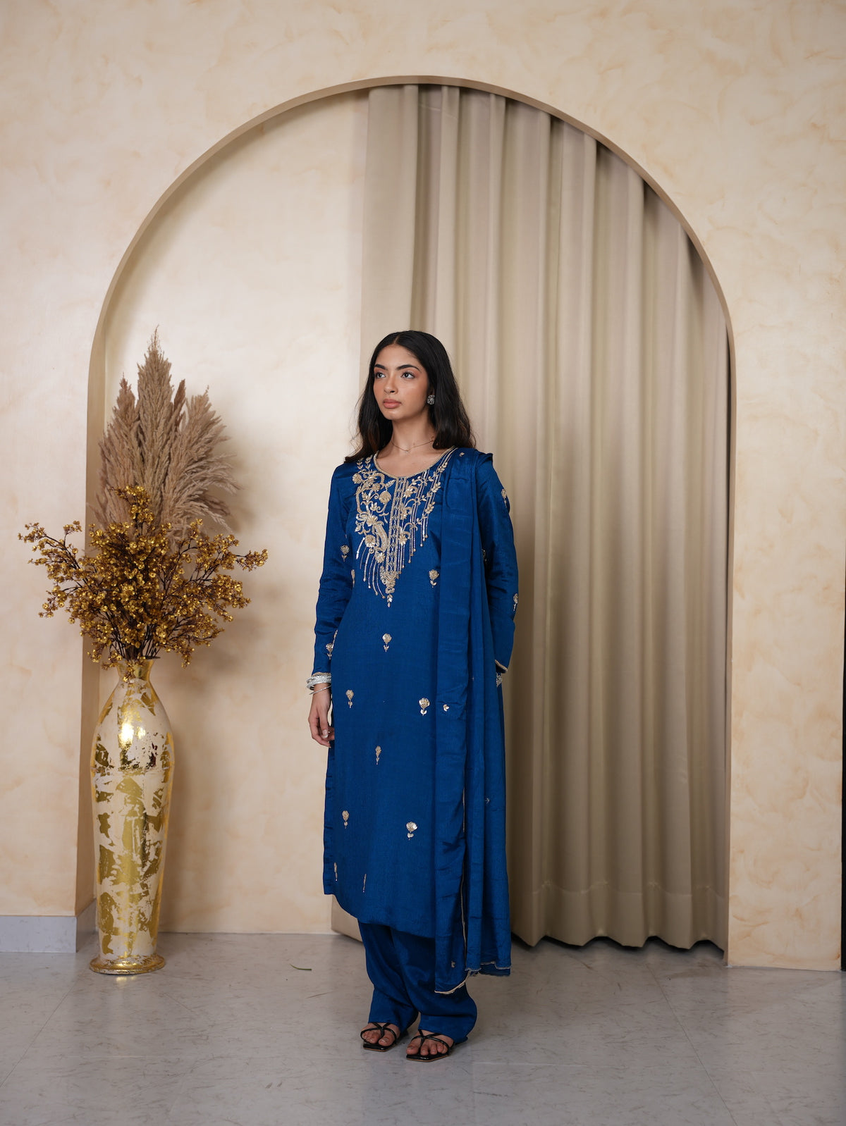 Royal Blue Zari & Sequin Embroidered Silk Suit Set