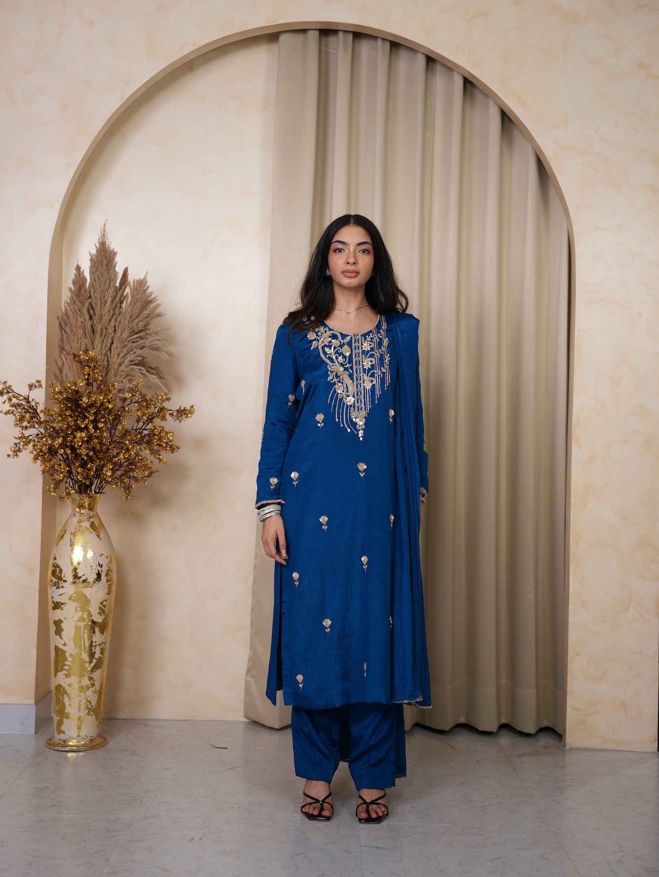 Royal Blue Zari & Sequin Embroidered Silk Suit Set