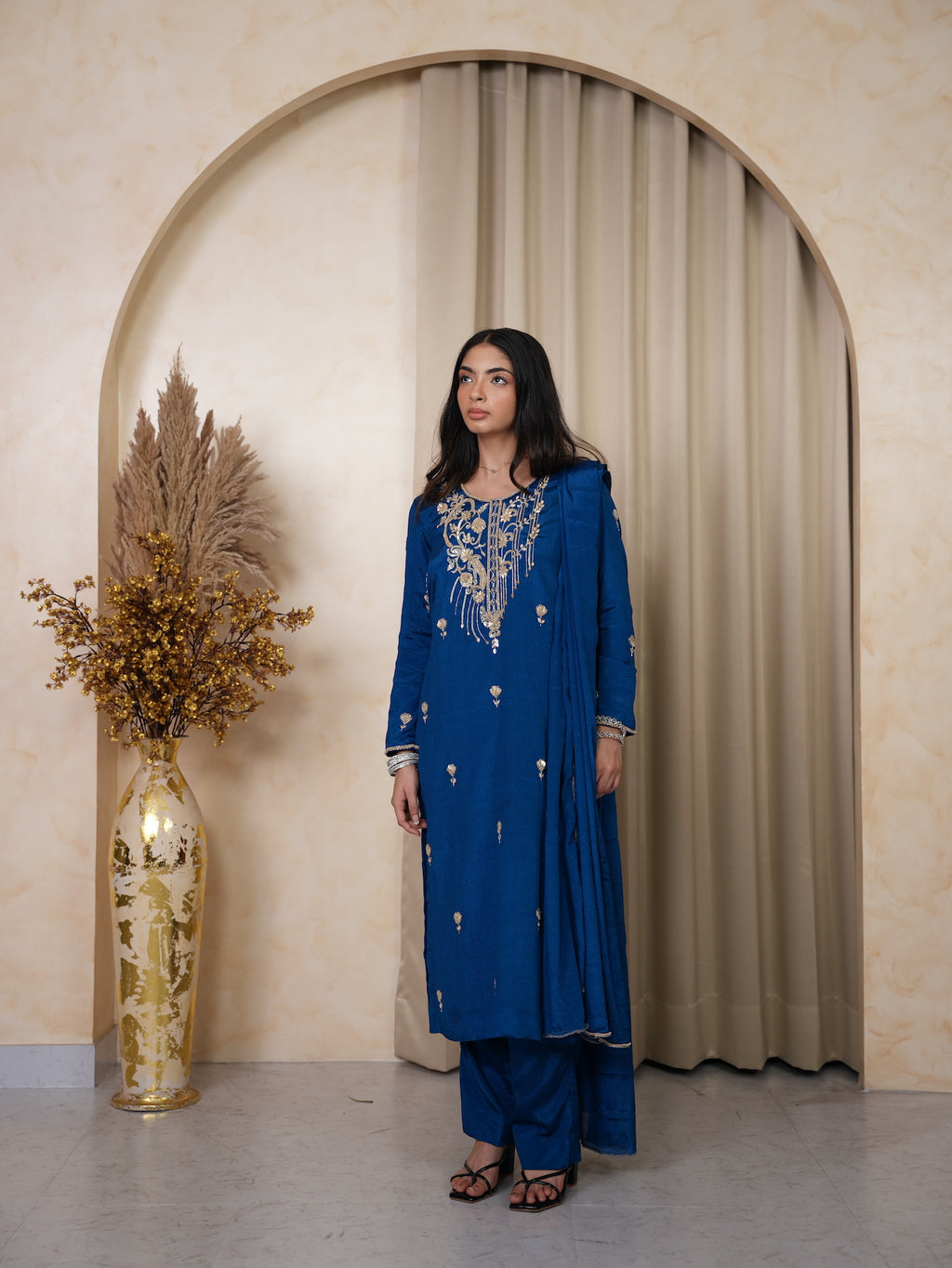Royal Blue Zari & Sequin Embroidered Silk Suit Set