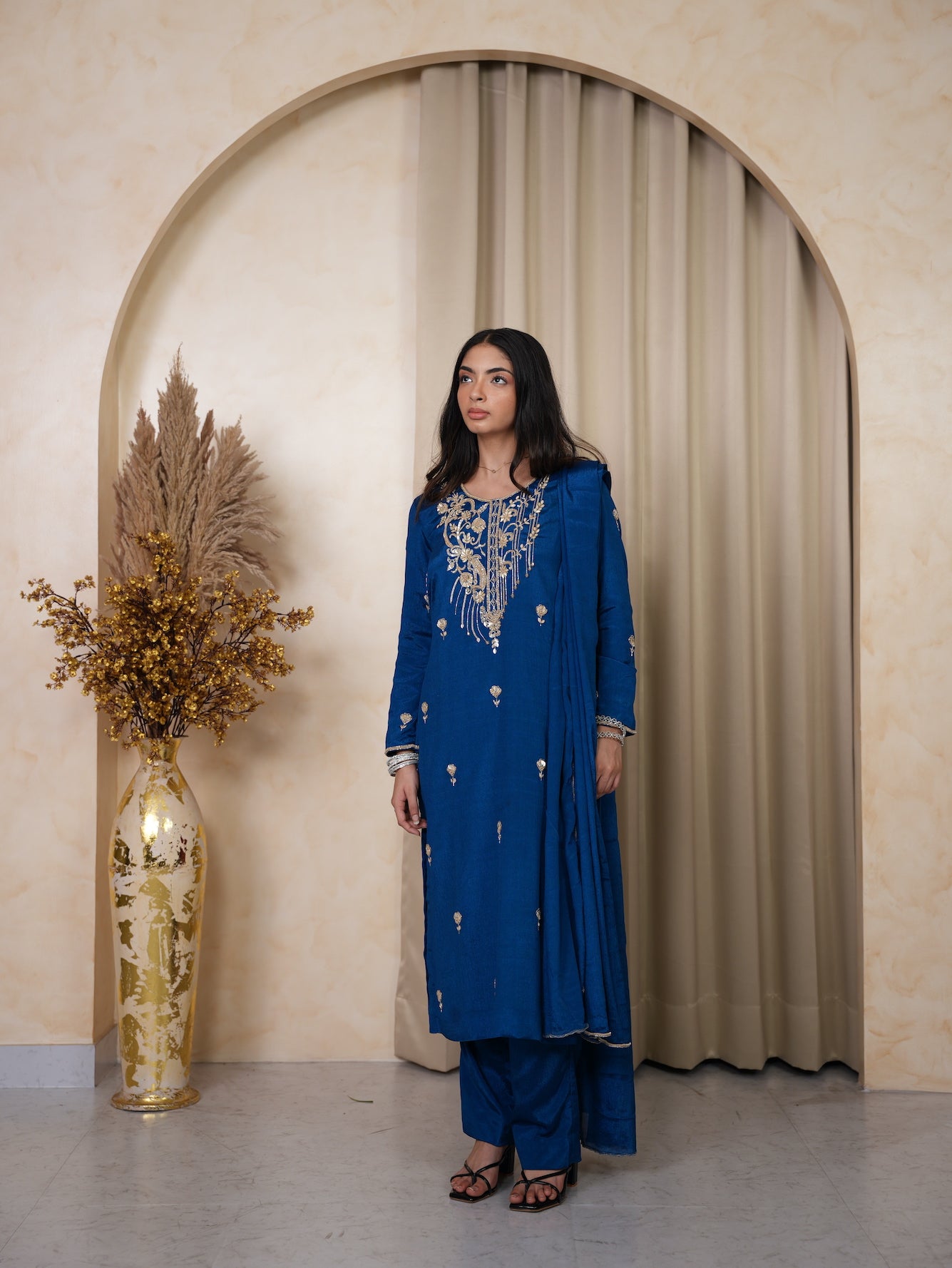 Royal Blue Zari & Sequin Embroidered Silk Suit Set
