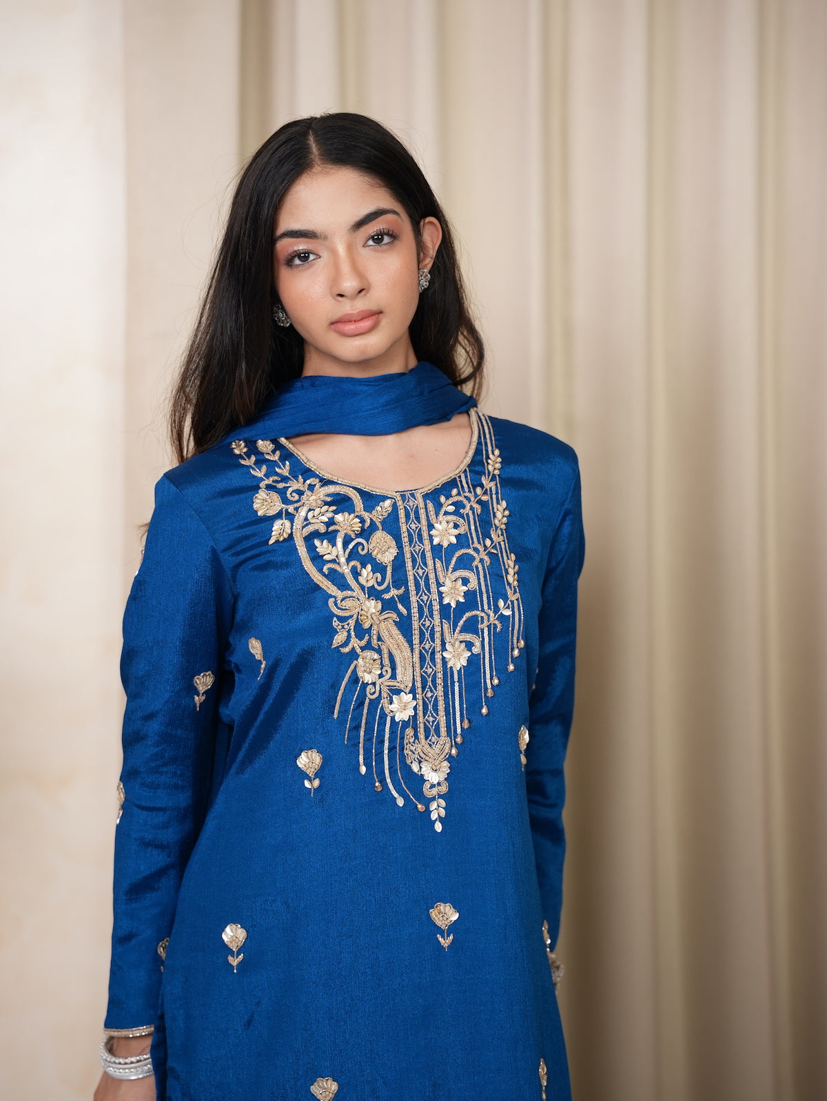 Royal Blue Zari & Sequin Embroidered Silk Suit Set