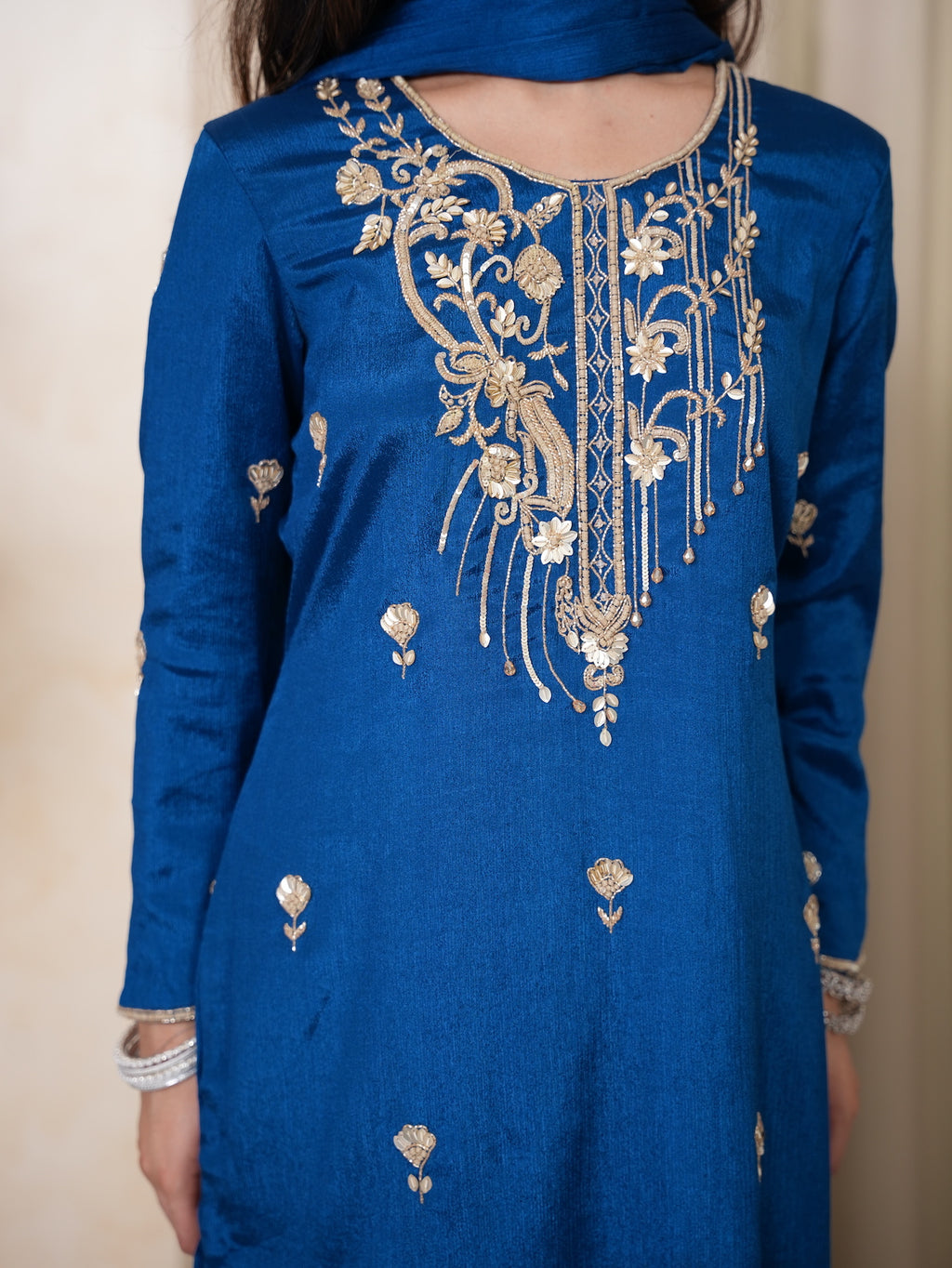 Royal Blue Zari & Sequin Embroidered Silk Suit Set