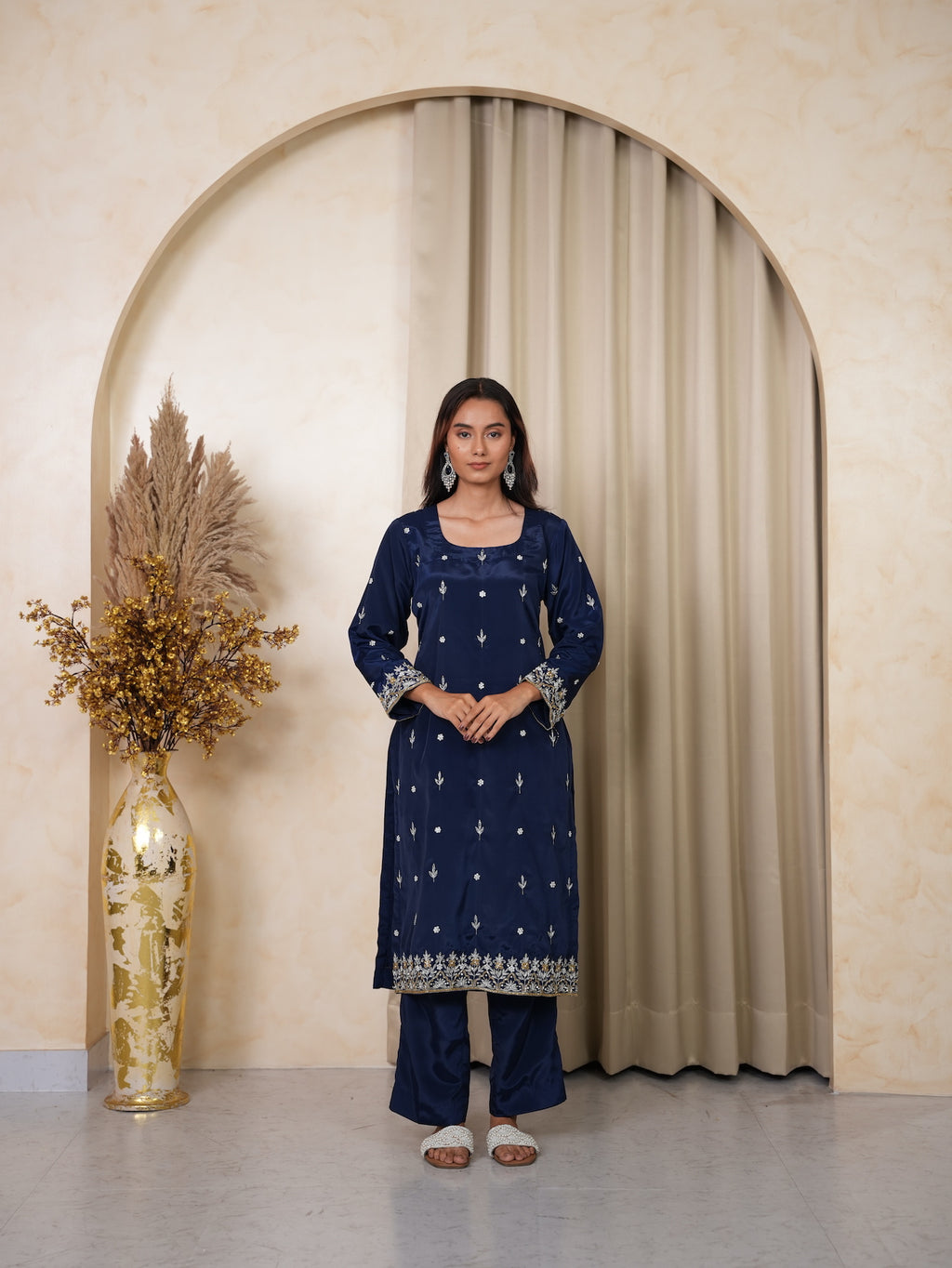 Navy Blue Embroidered Silk Suit Set