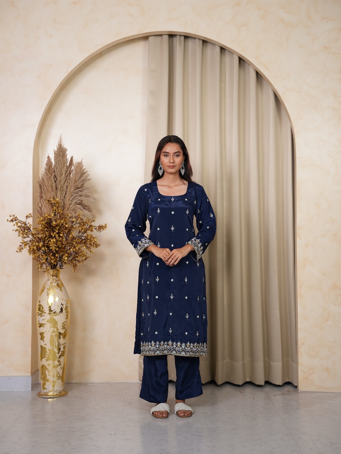 Navy Blue Embroidered Silk Suit Set