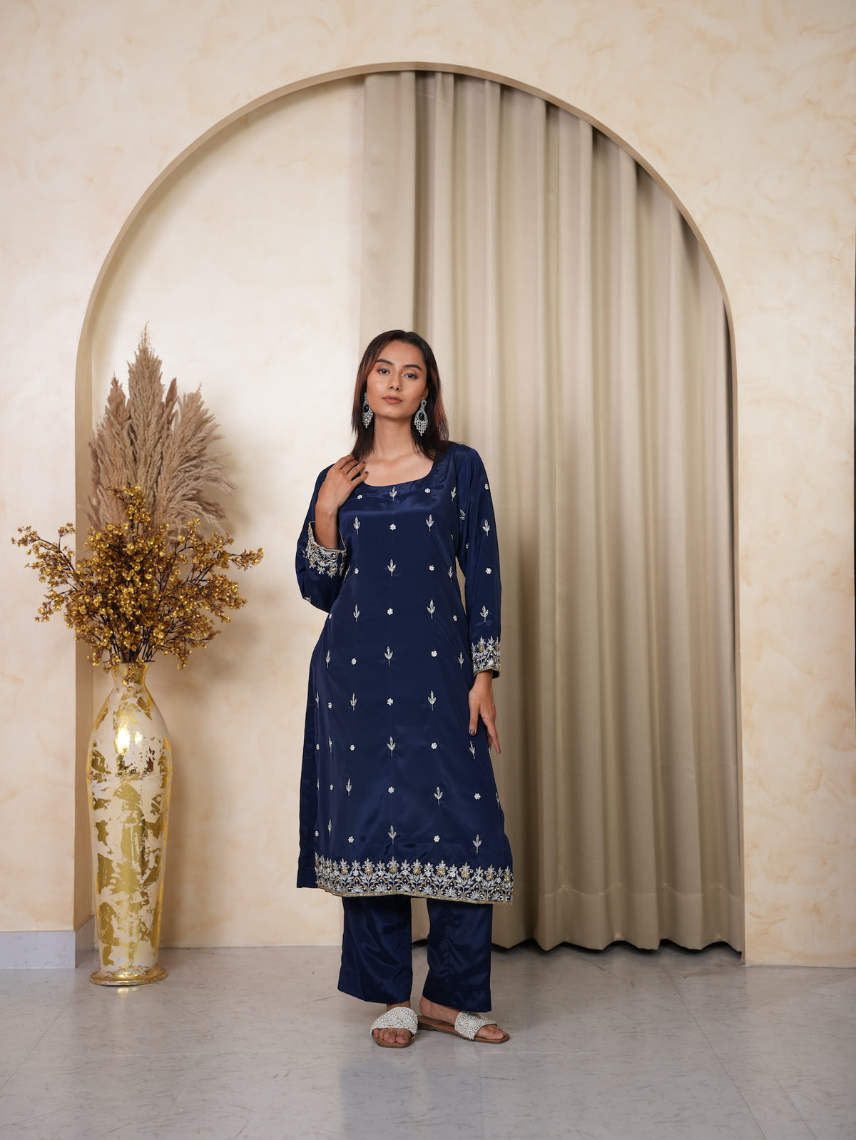 Navy Blue Embroidered Silk Suit Set