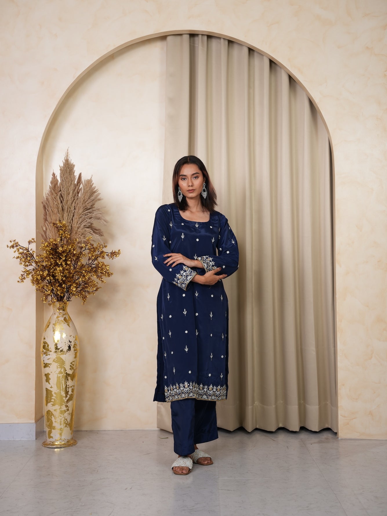 Navy Blue Embroidered Silk Suit Set