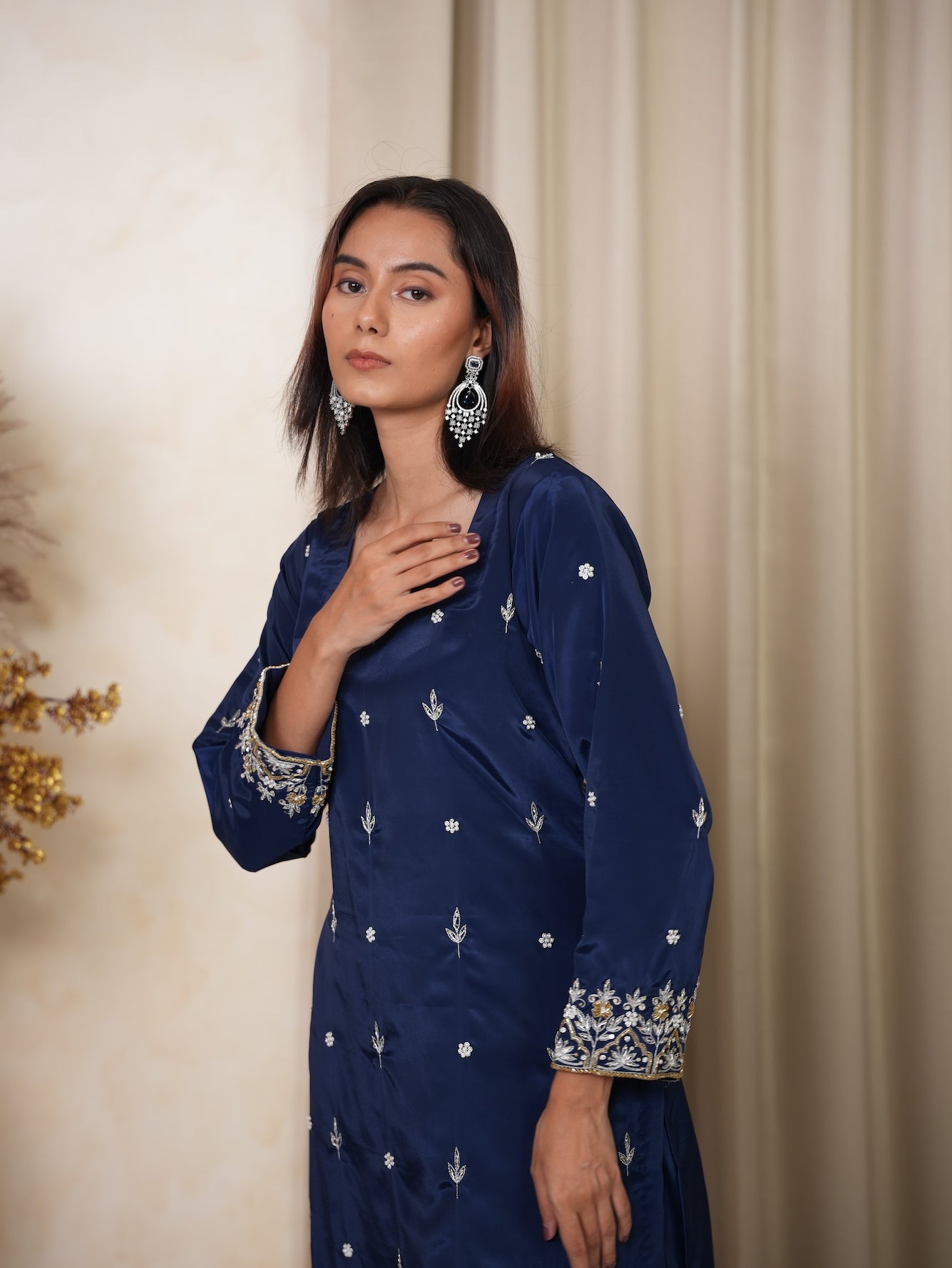 Navy Blue Embroidered Silk Suit Set